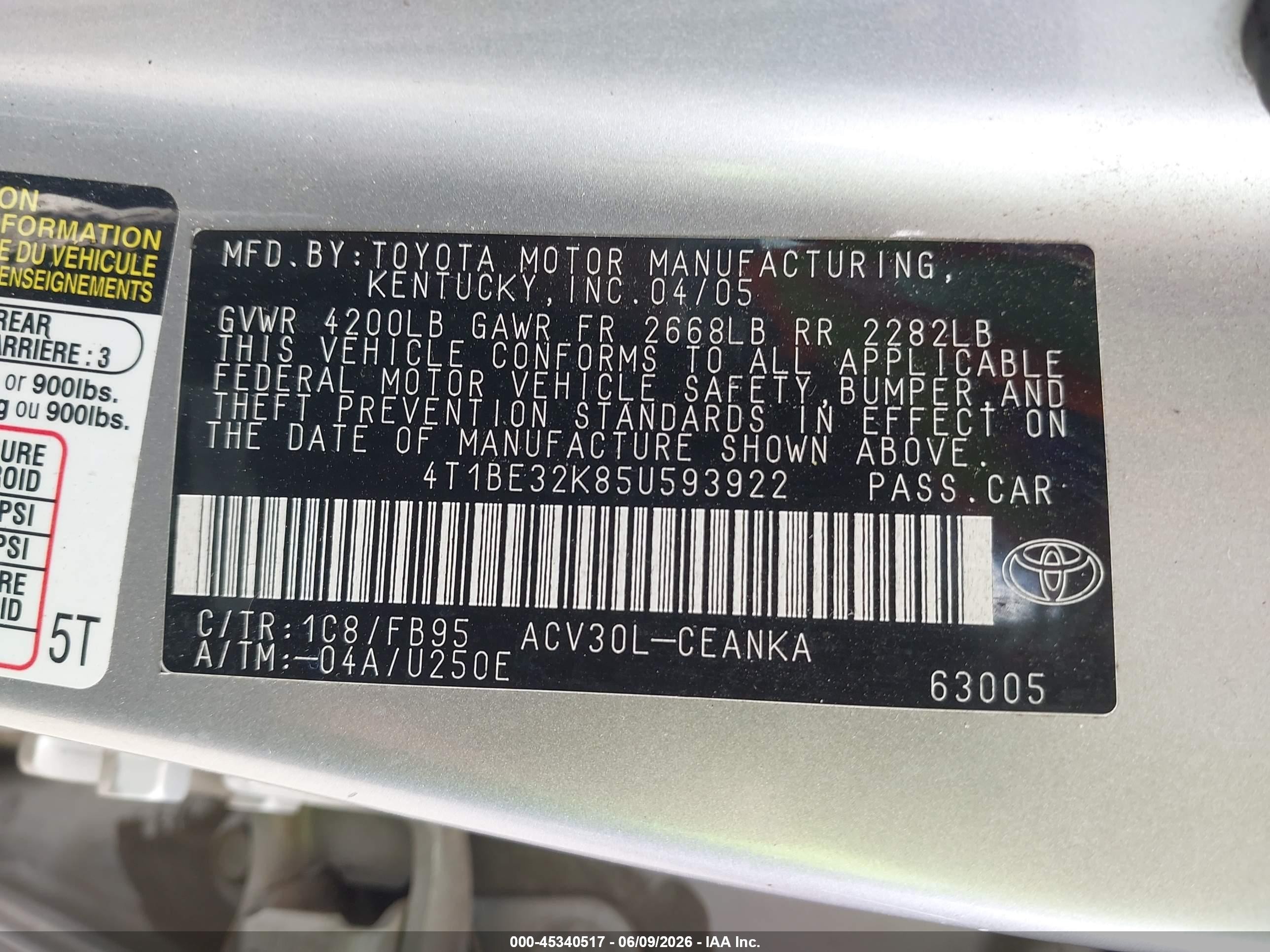 2005 Toyota Camry Std Серебряный vin: 4T1BE32K85U593922