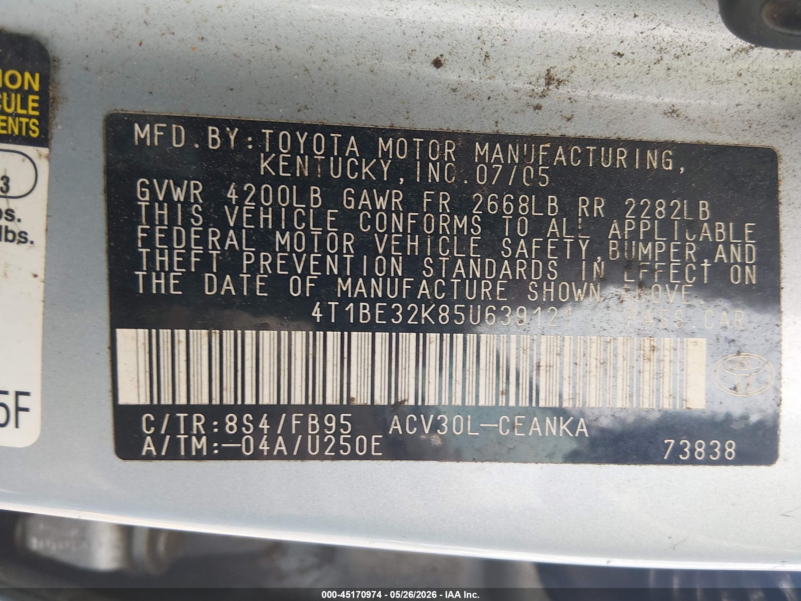 2005 Toyota Camry Le Синий vin: 4T1BE32K85U639121