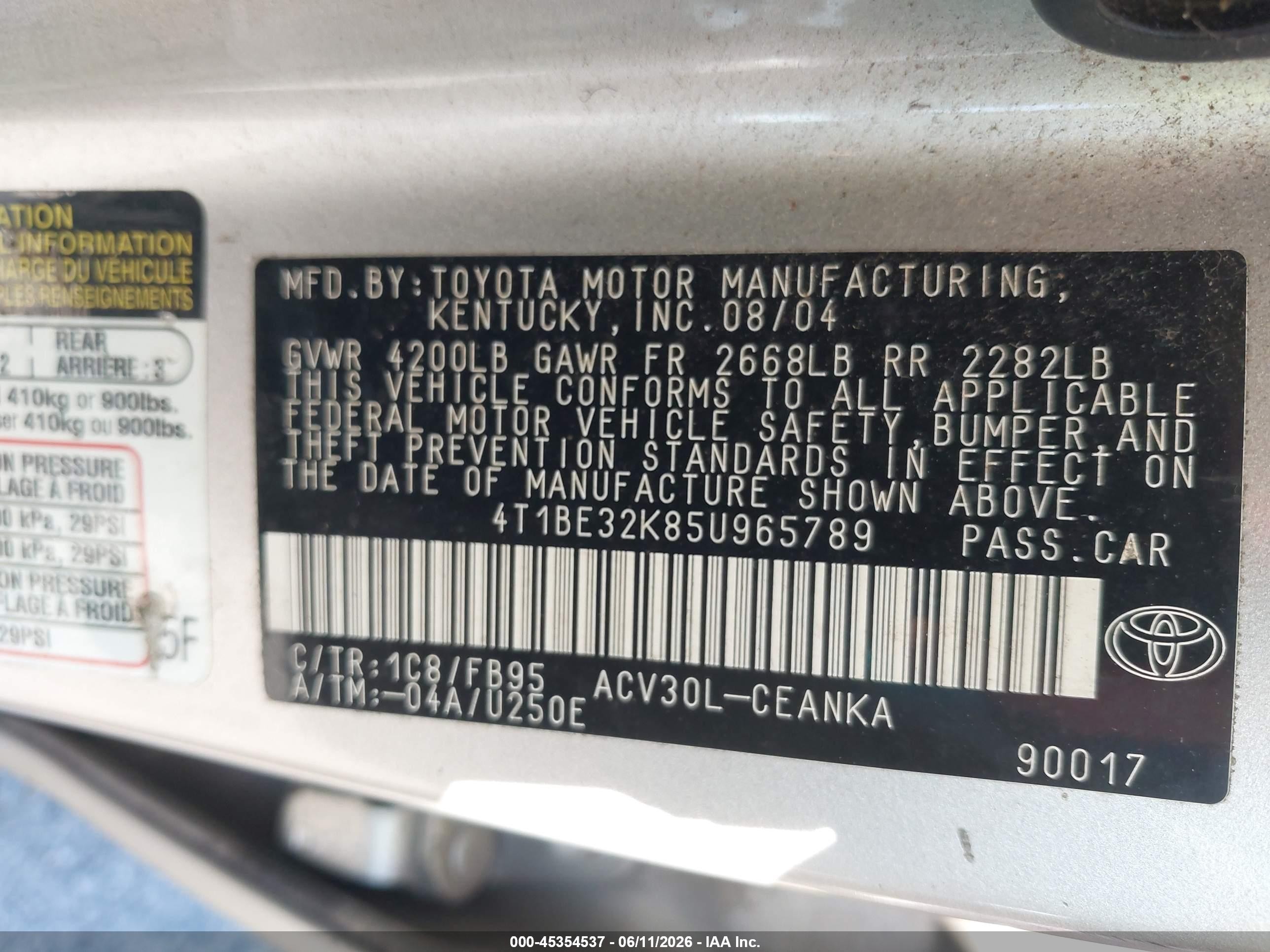 2005 Toyota Camry Le Silver vin: 4T1BE32K85U965789