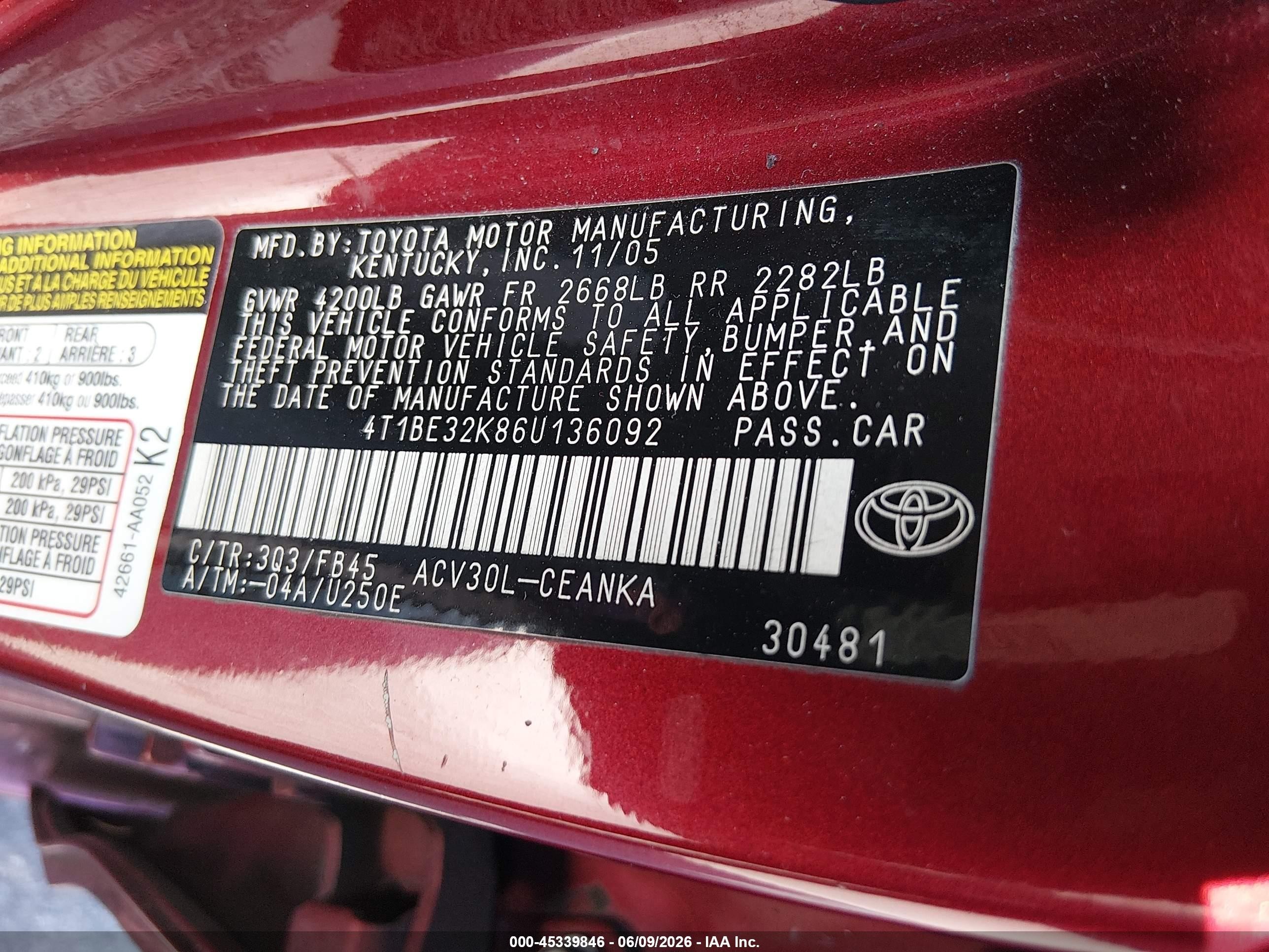 2006 Toyota Camry Le Red vin: 4T1BE32K86U136092