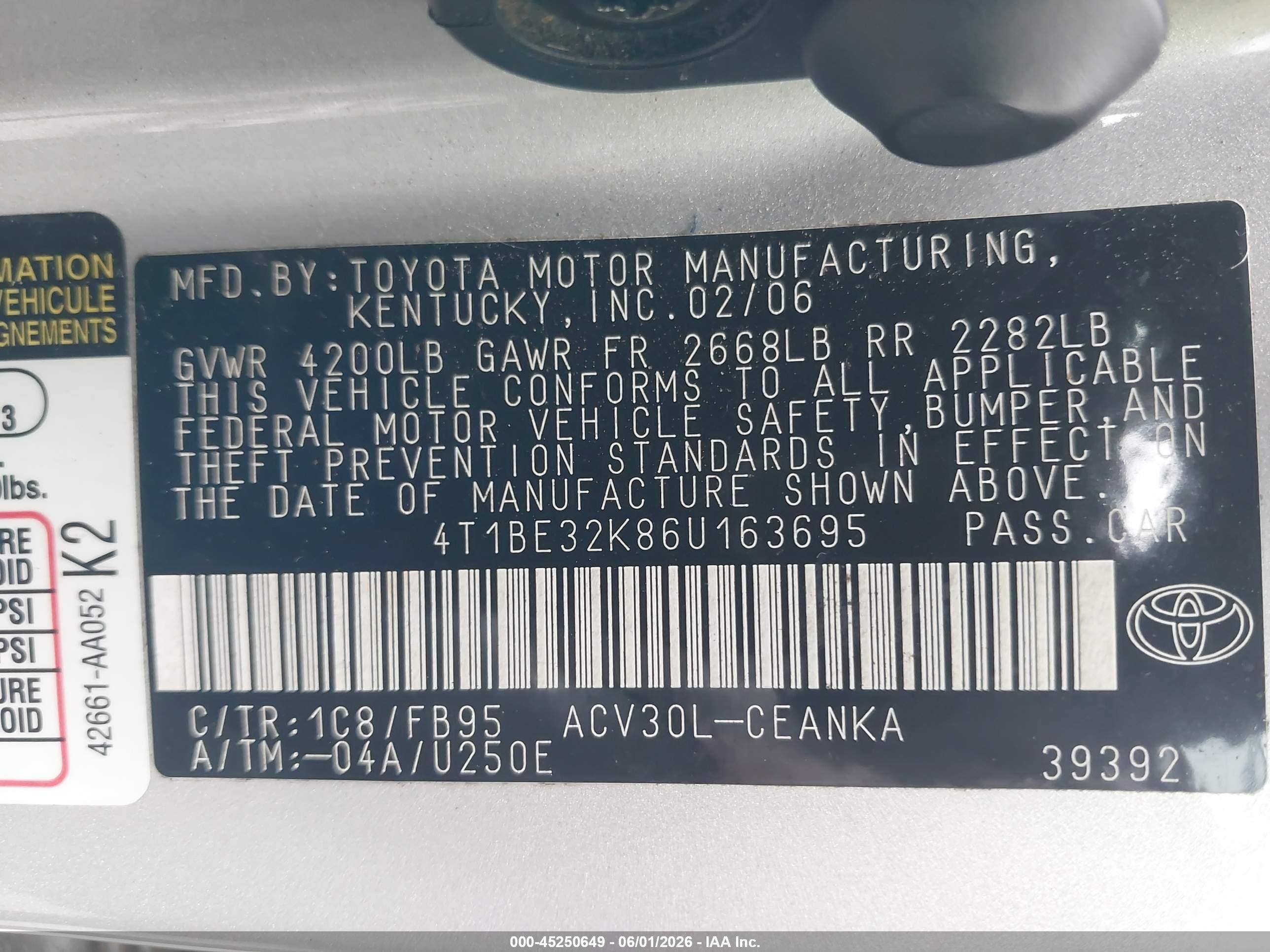 2006 Toyota Camry Le Silver vin: 4T1BE32K86U163695