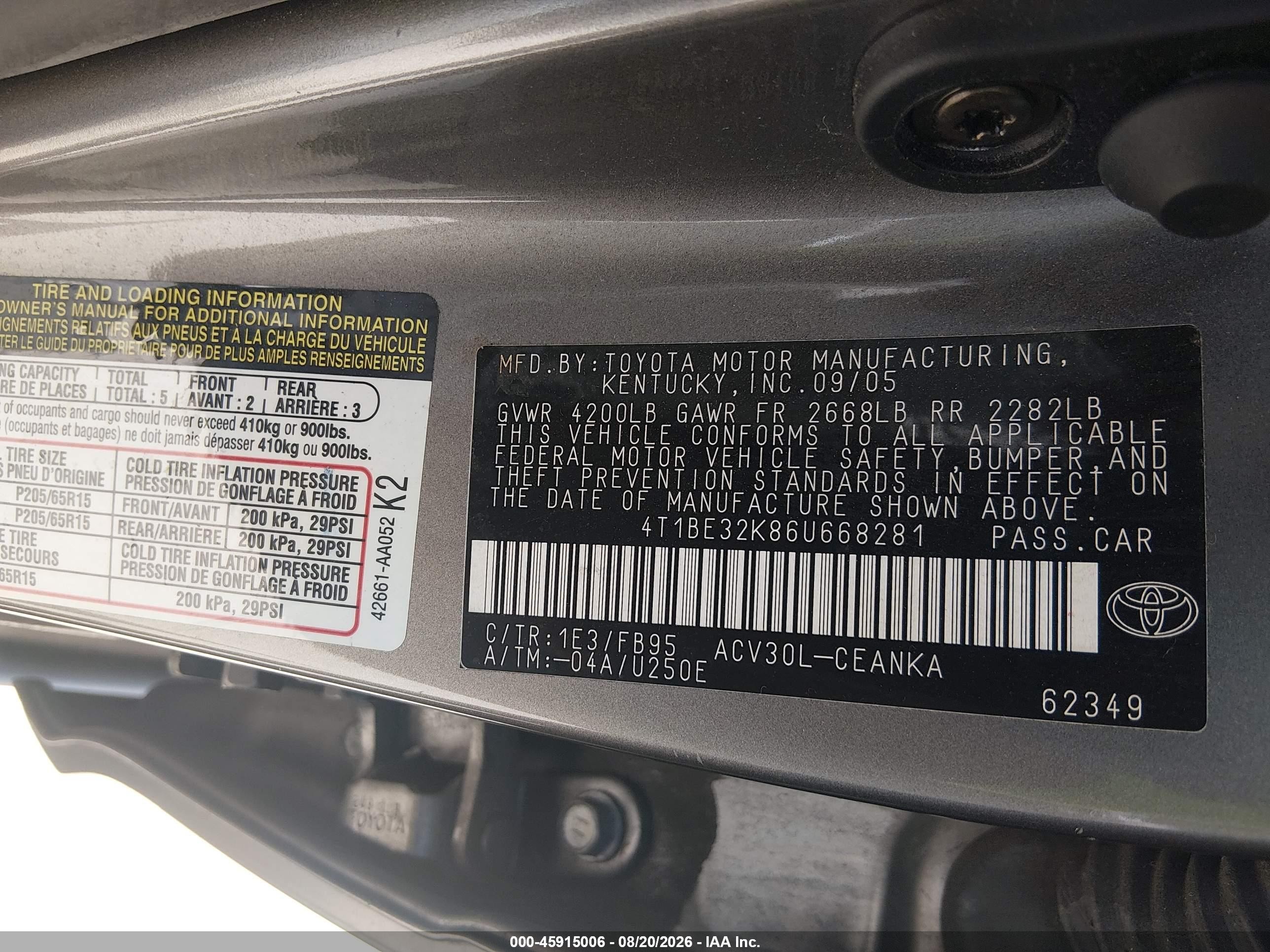 2006 Toyota Camry Le Gray vin: 4T1BE32K86U668281