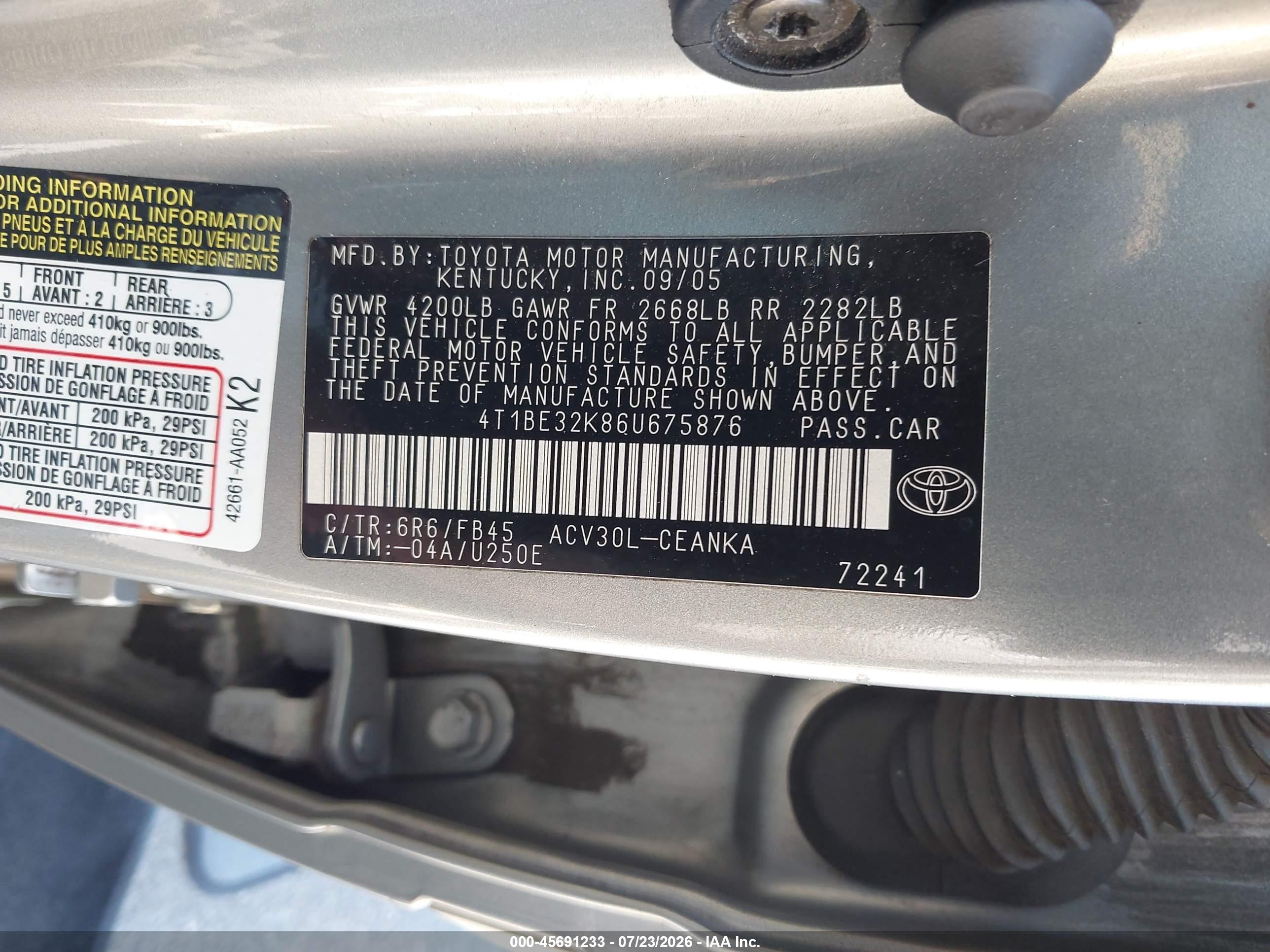 2006 Toyota Camry Le Gray vin: 4T1BE32K86U675876