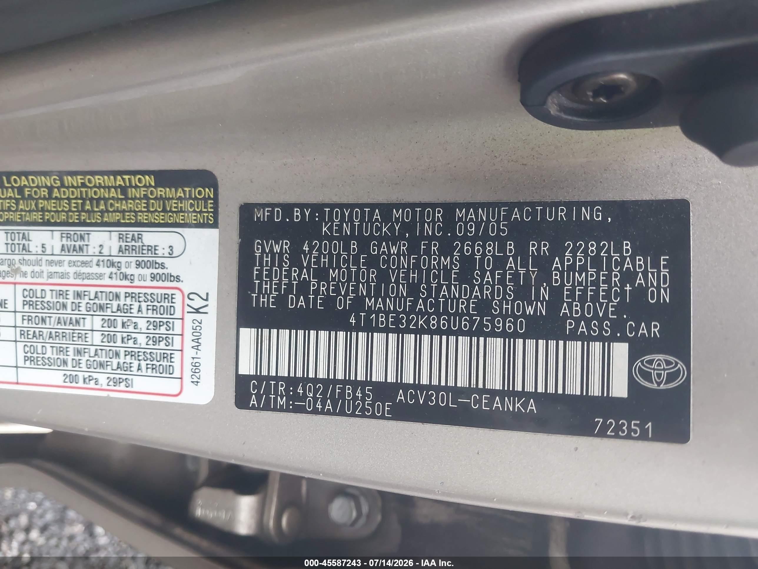 2006 Toyota Camry Le Золотой vin: 4T1BE32K86U675960