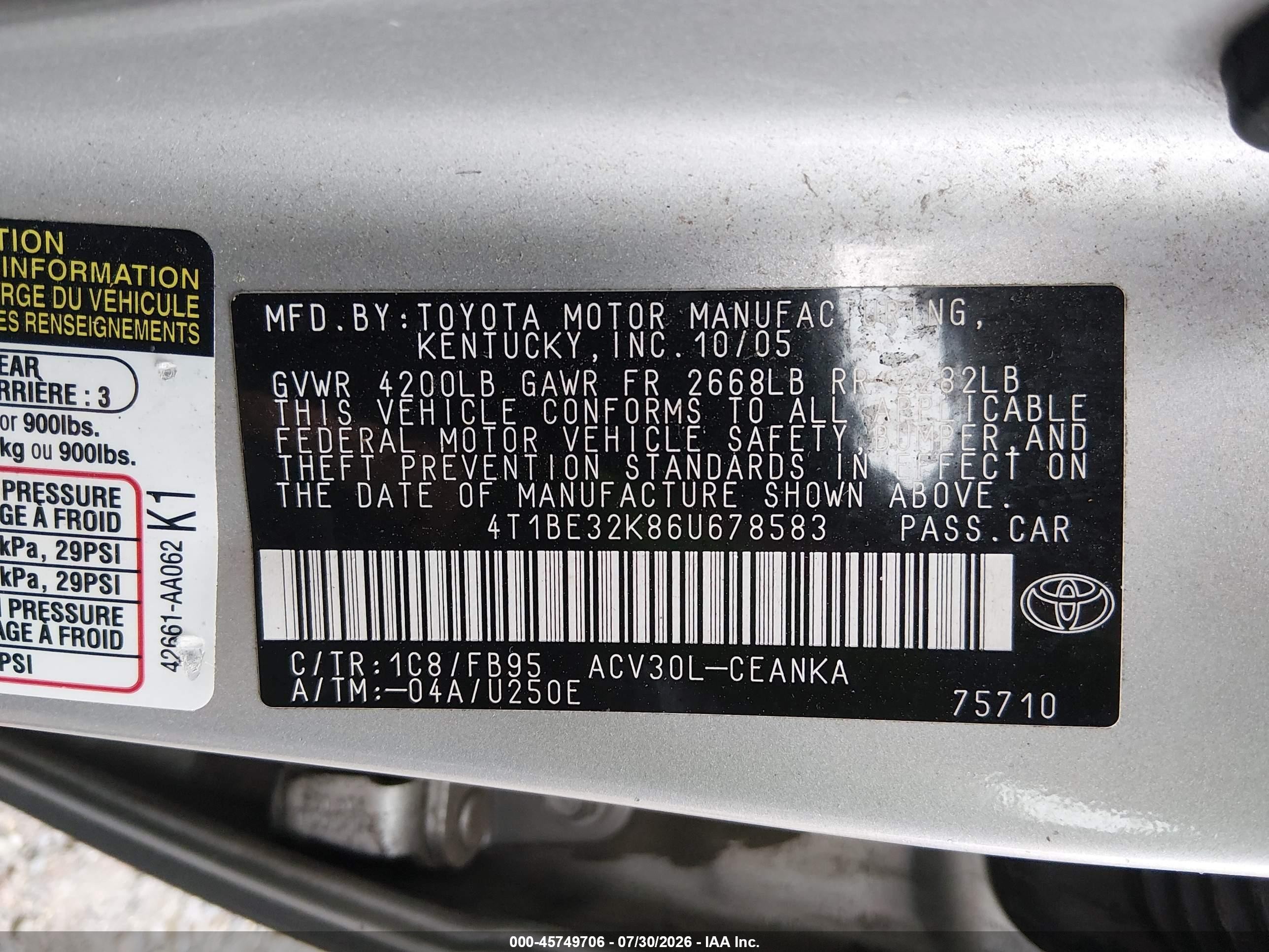 2006 Toyota Camry Std Серый vin: 4T1BE32K86U678583