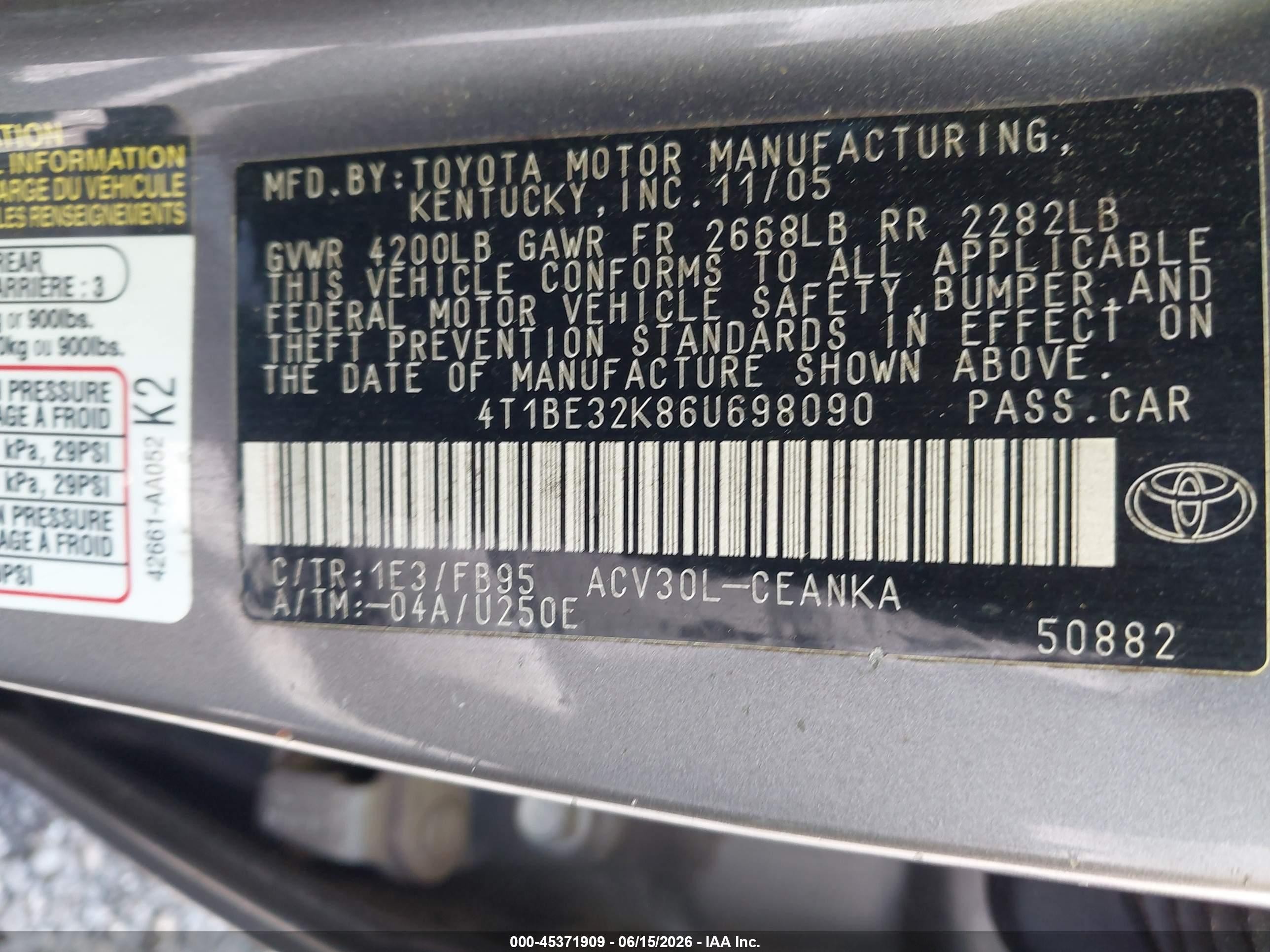 2006 Toyota Camry Le Gray vin: 4T1BE32K86U698090