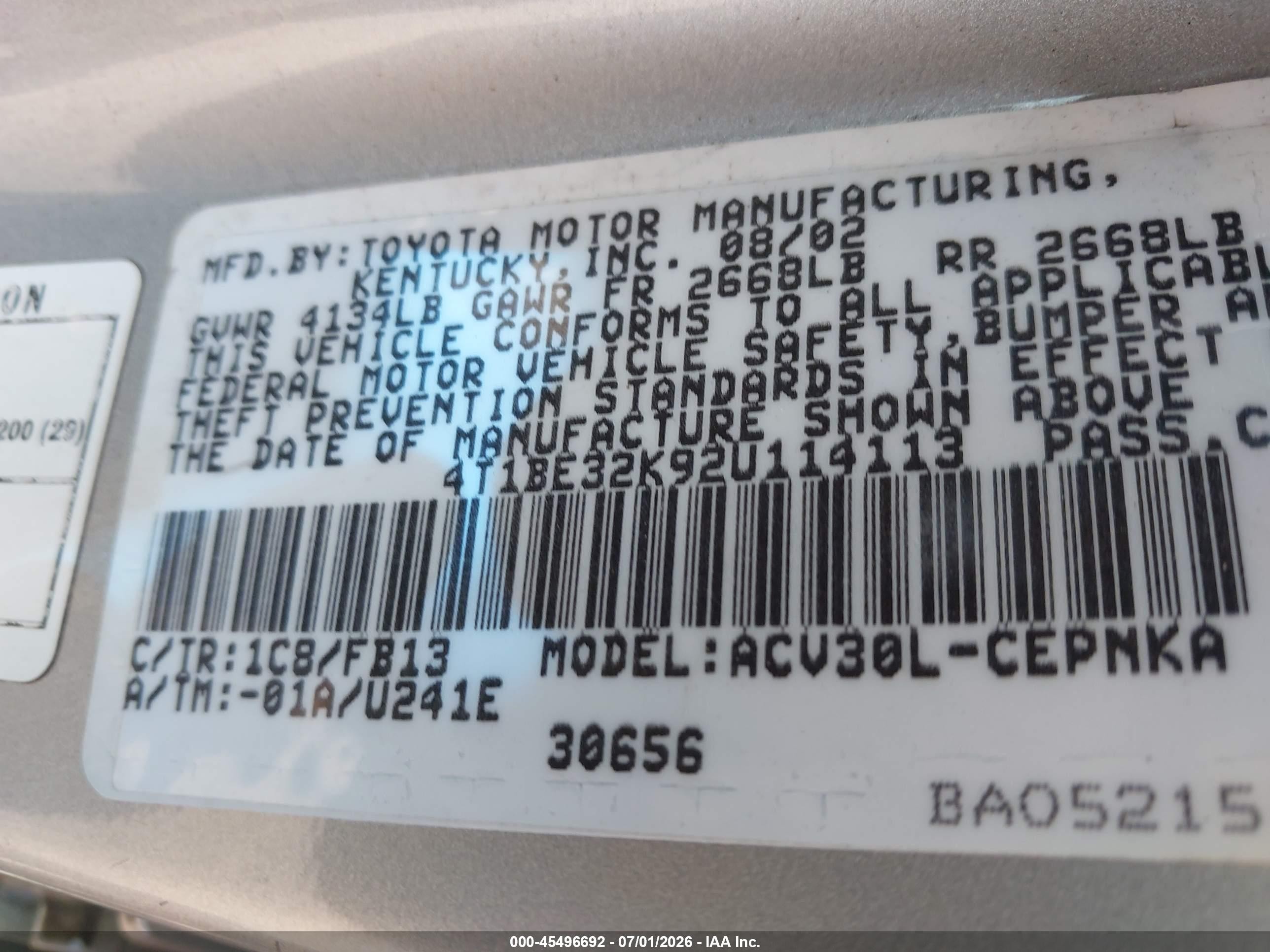 2002 Toyota Camry Le Серебряный vin: 4T1BE32K92U114113