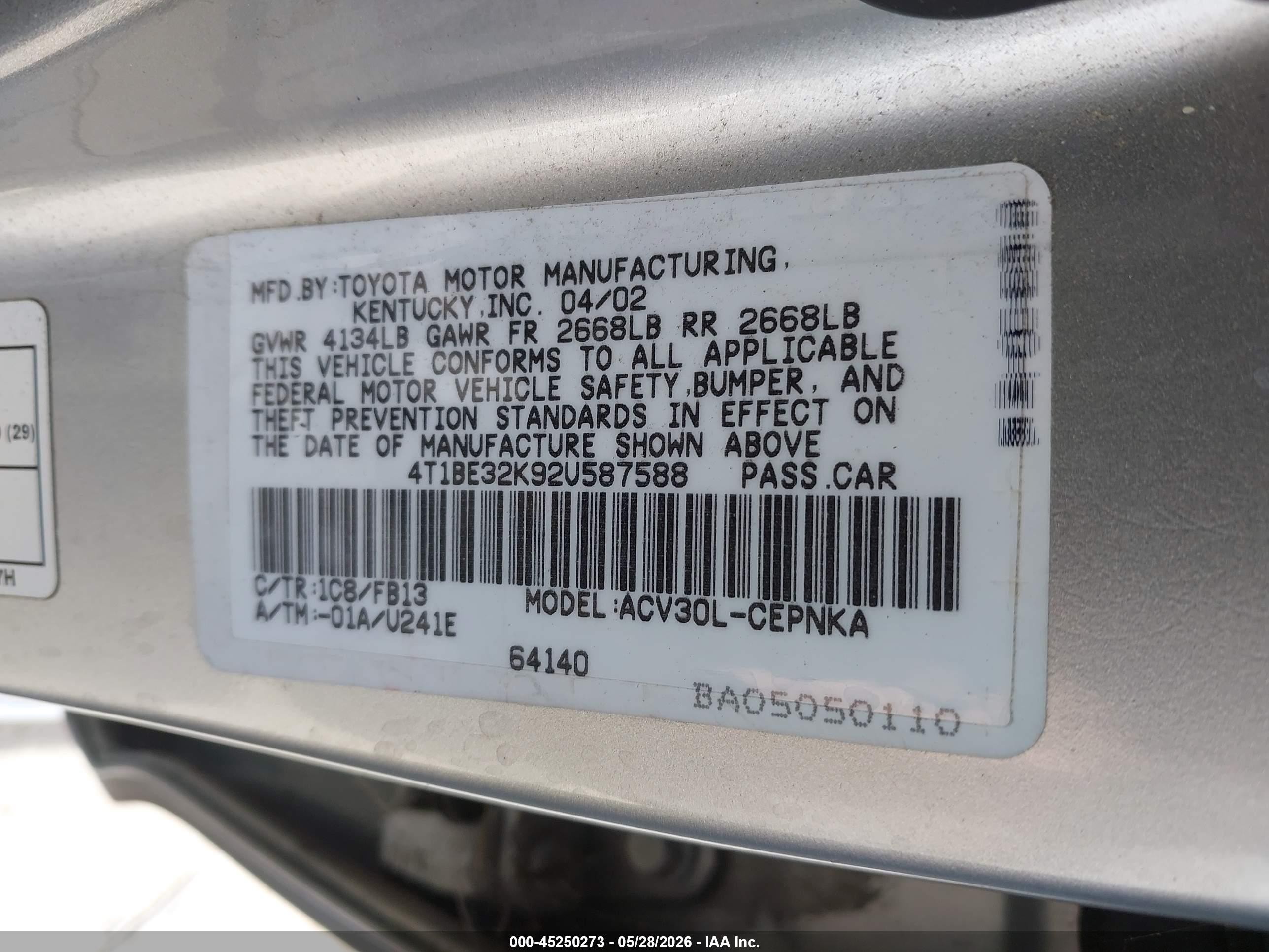 2002 Toyota Camry Le Silver vin: 4T1BE32K92U587588