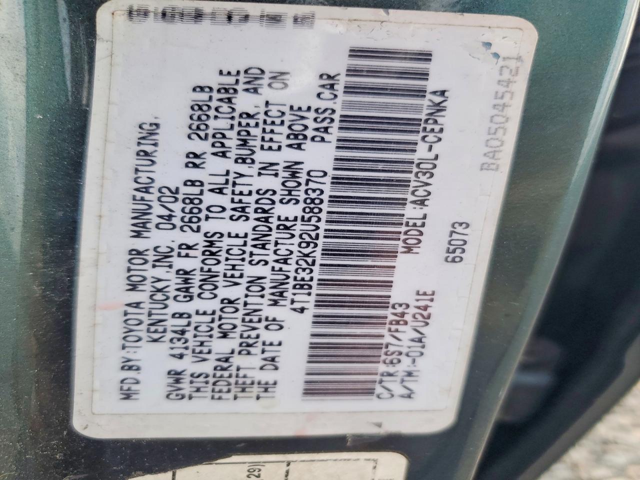2002 Toyota Camry Зеленый vin: 4T1BE32K92U588370