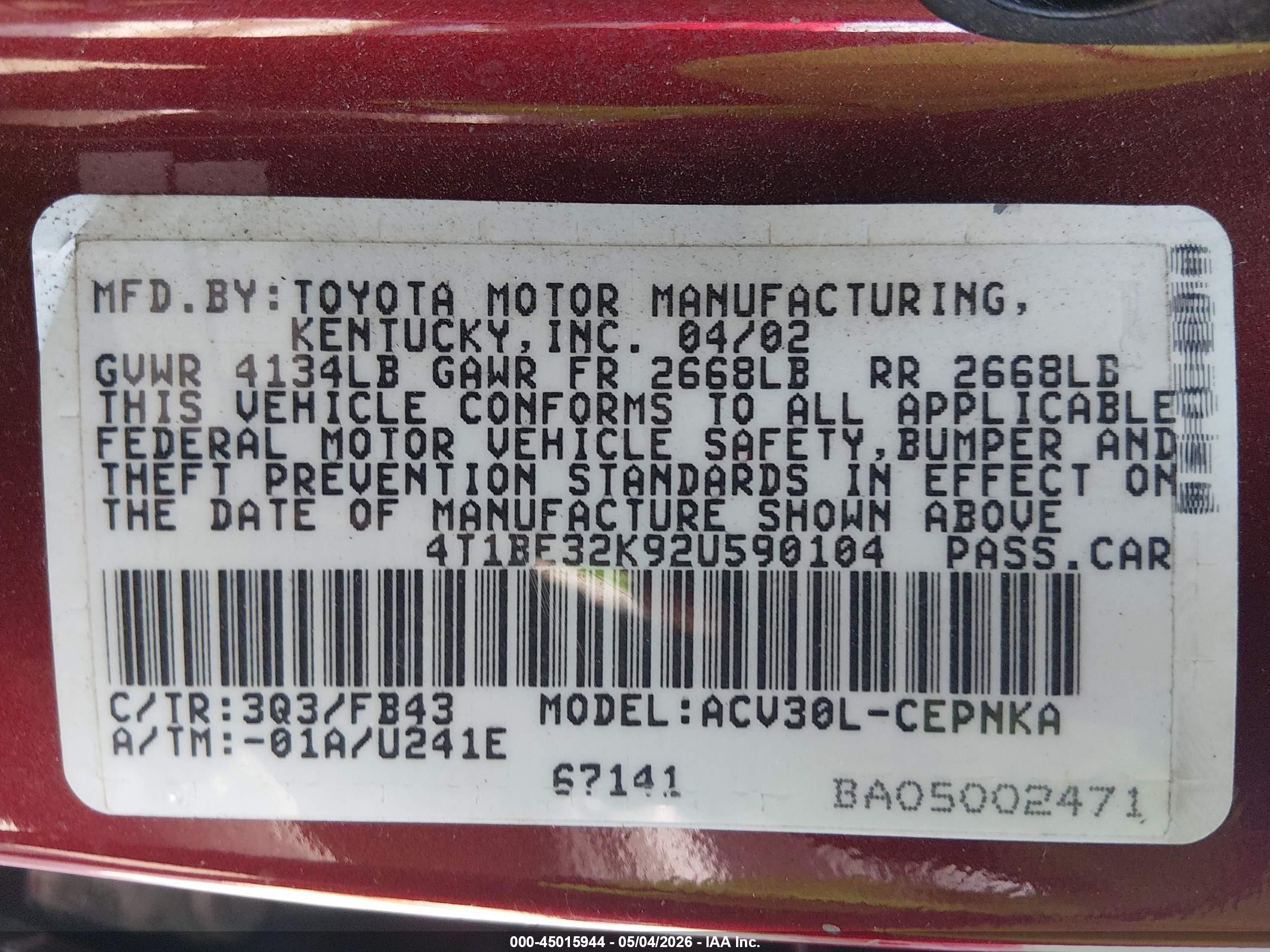 2002 Toyota Camry Le Red vin: 4T1BE32K92U590104