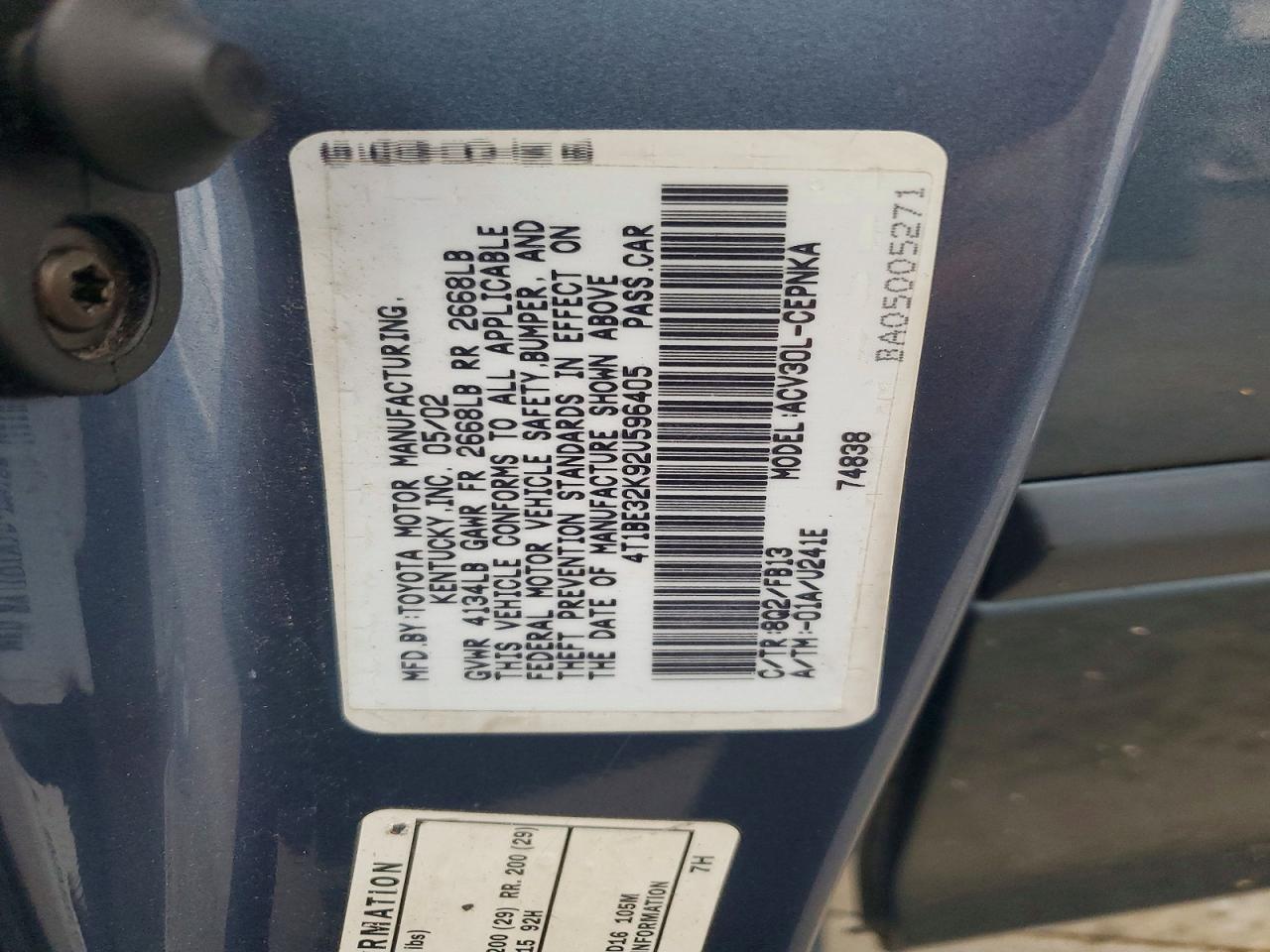 2002 Toyota Camry Le Синий vin: 4T1BE32K92U596405
