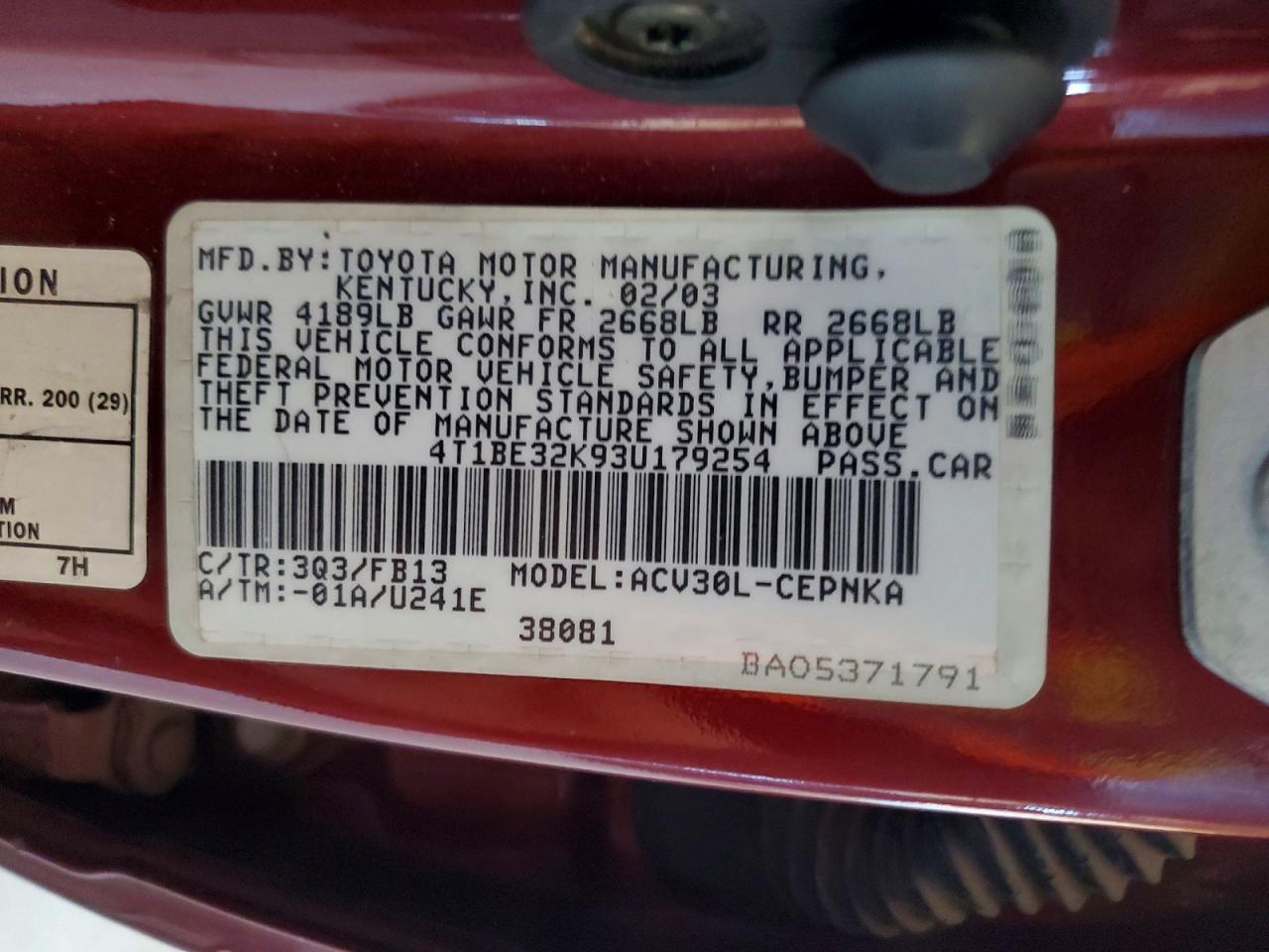 2003 Toyota Camry Le Burgundy vin: 4T1BE32K93U179254