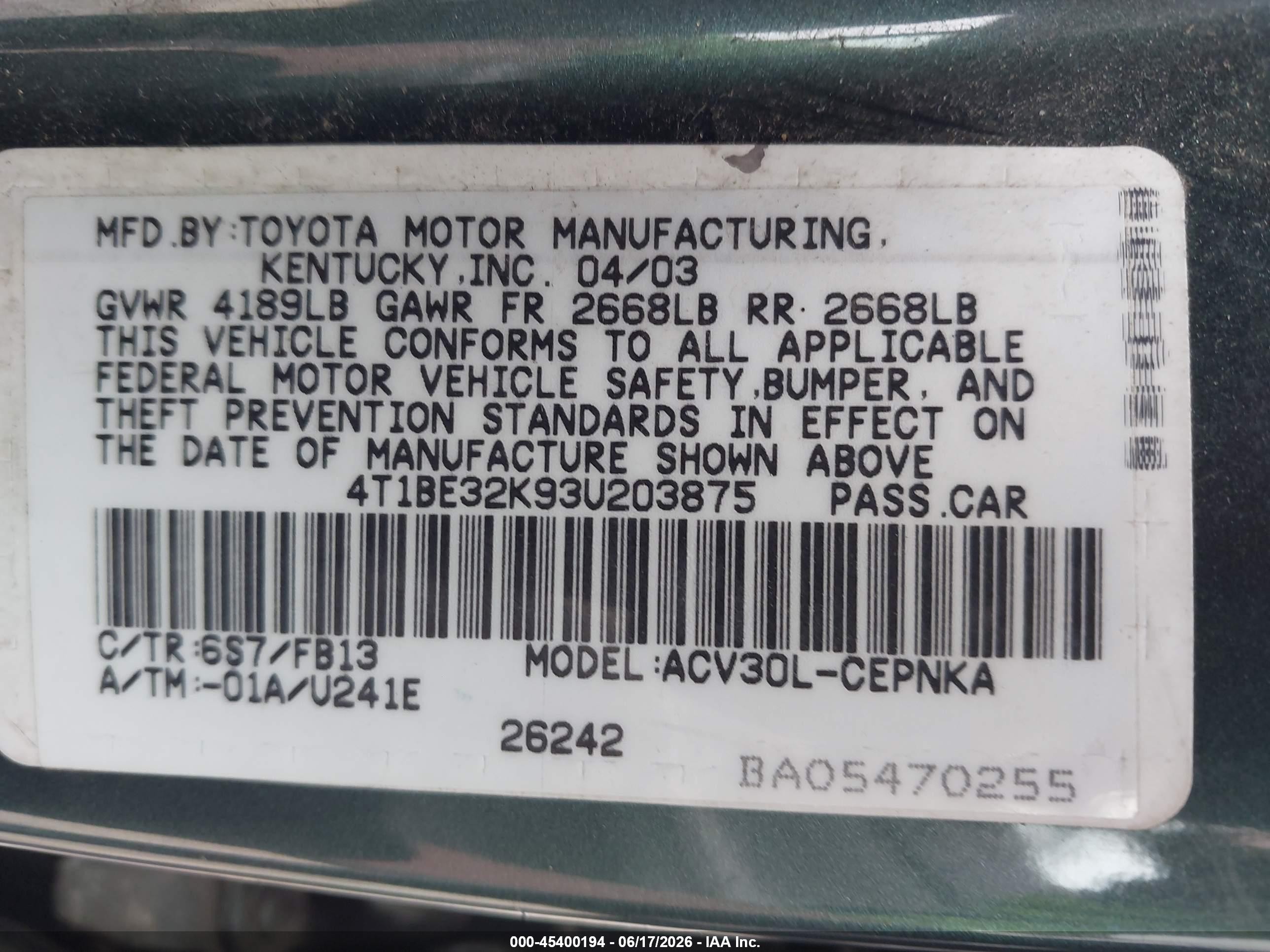 2003 Toyota Camry Le Green vin: 4T1BE32K93U203875