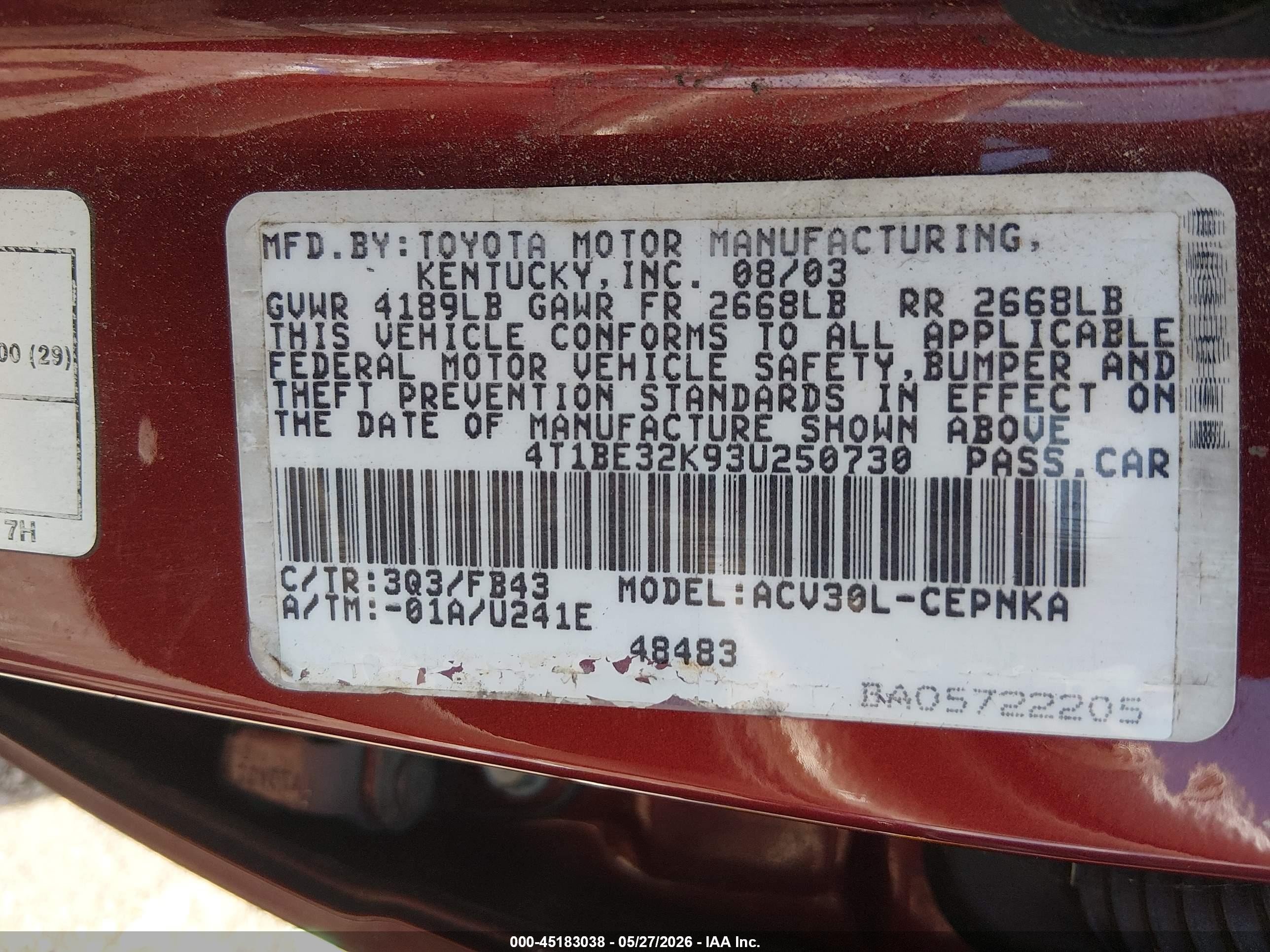 2003 Toyota Camry Le Красный vin: 4T1BE32K93U250730