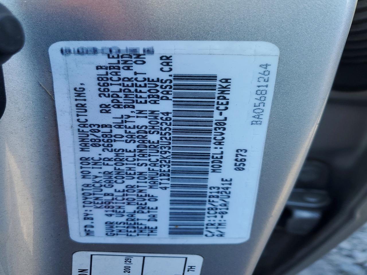 2003 Toyota Camry Le Silver vin: 4T1BE32K93U255264