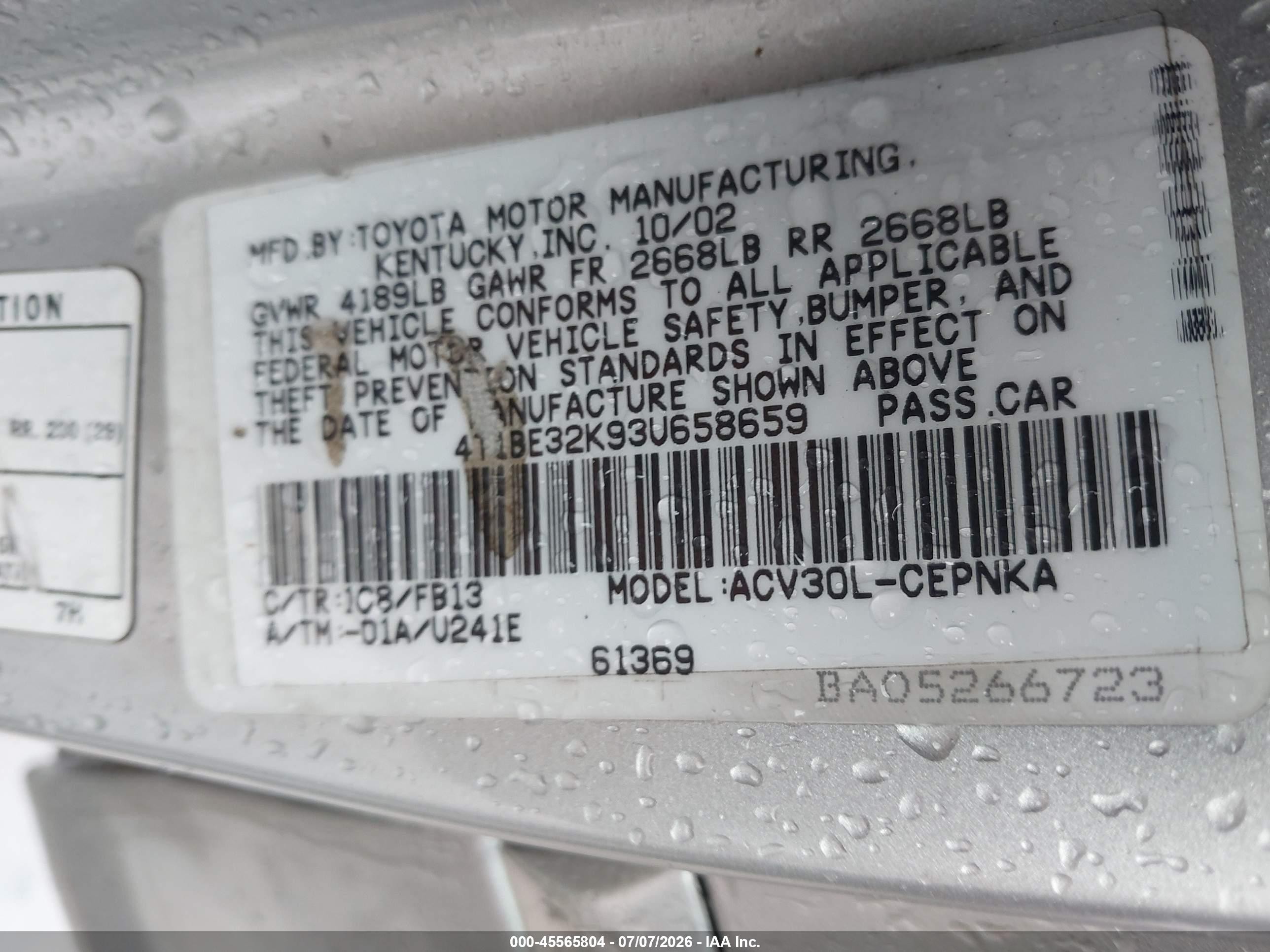 2003 Toyota Camry Le Silver vin: 4T1BE32K93U658659