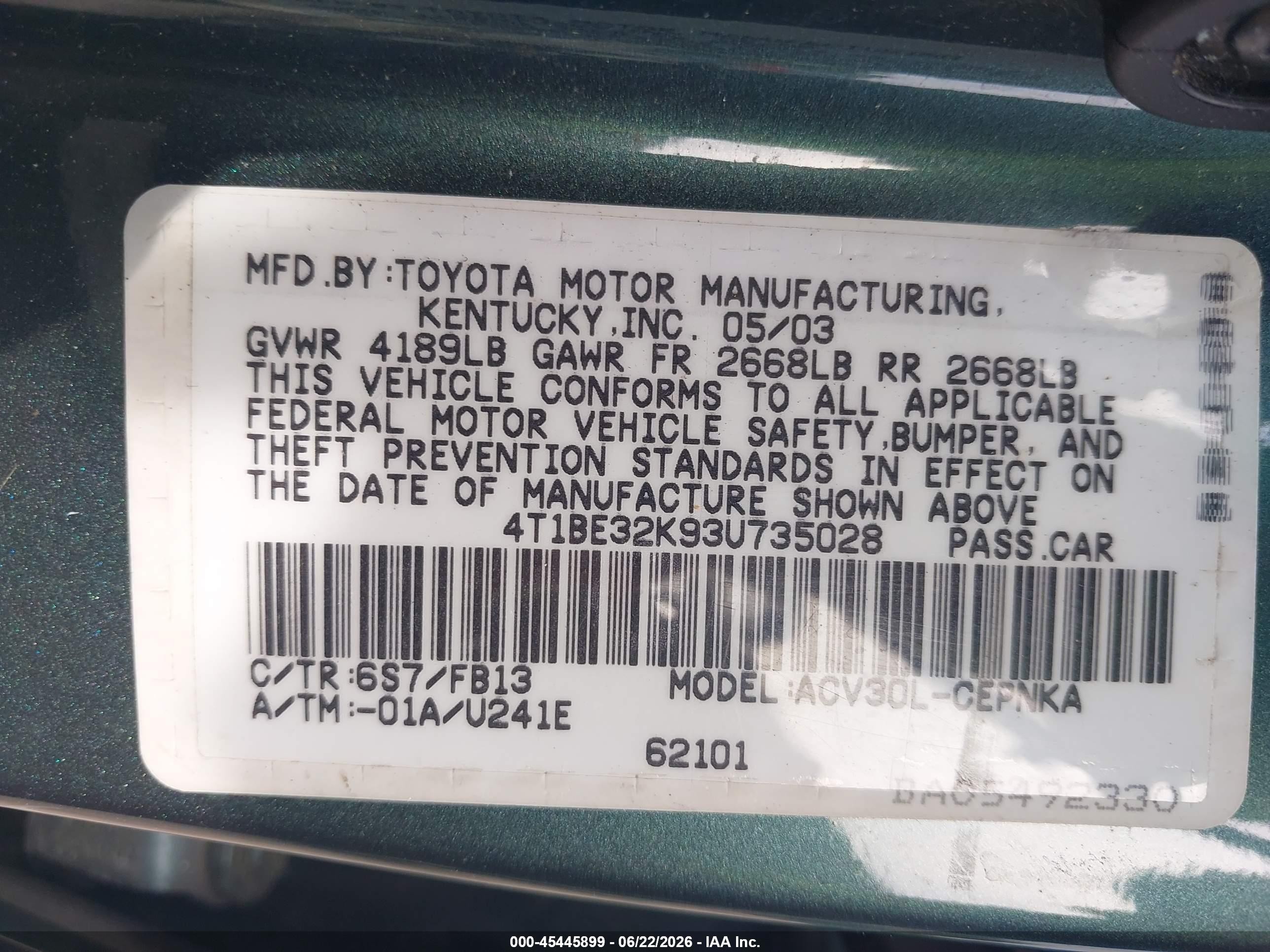 2003 Toyota Camry Le Green vin: 4T1BE32K93U735028