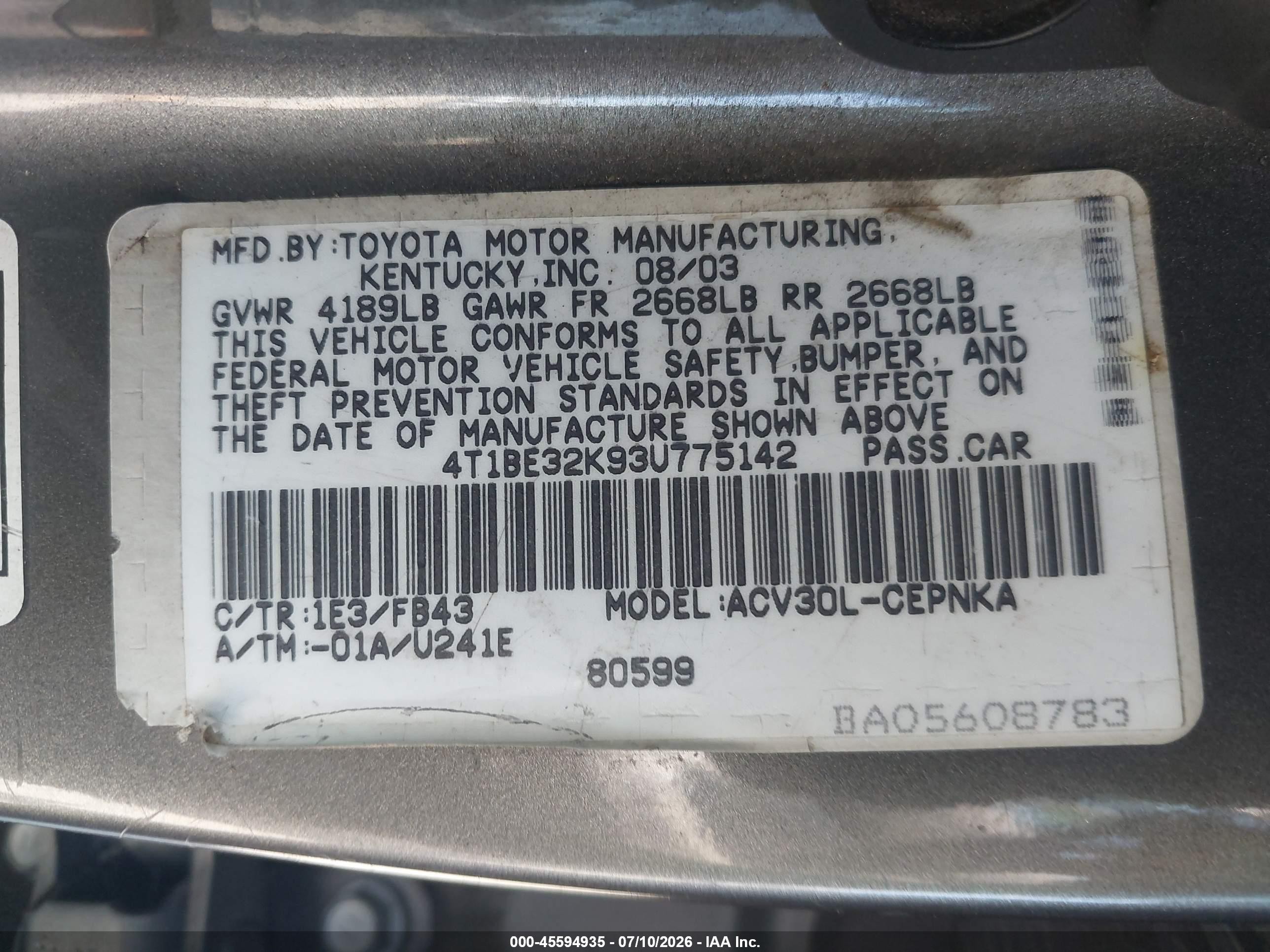 2003 Toyota Camry Le Gray vin: 4T1BE32K93U775142