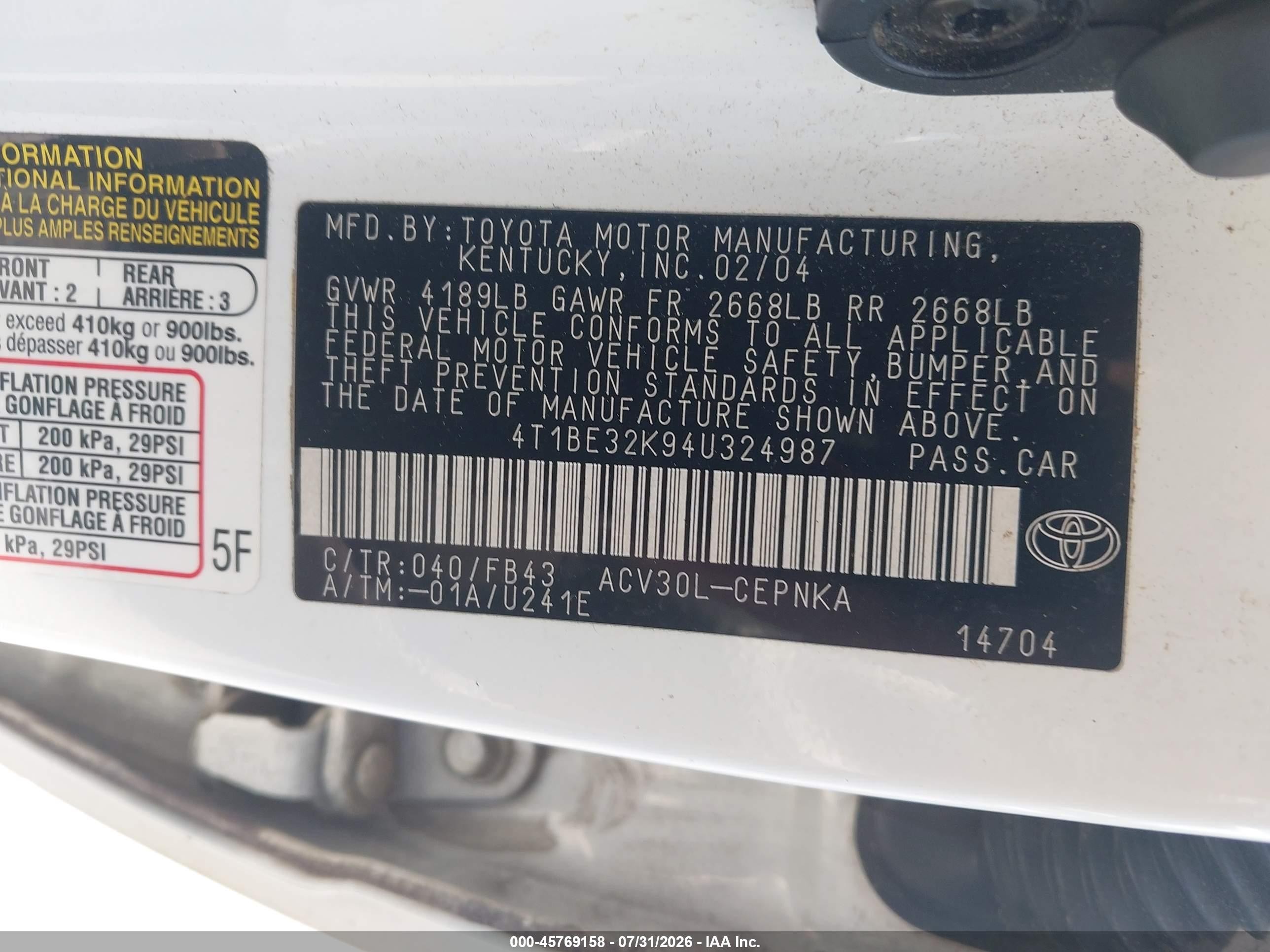 2004 Toyota Camry Le White vin: 4T1BE32K94U324987