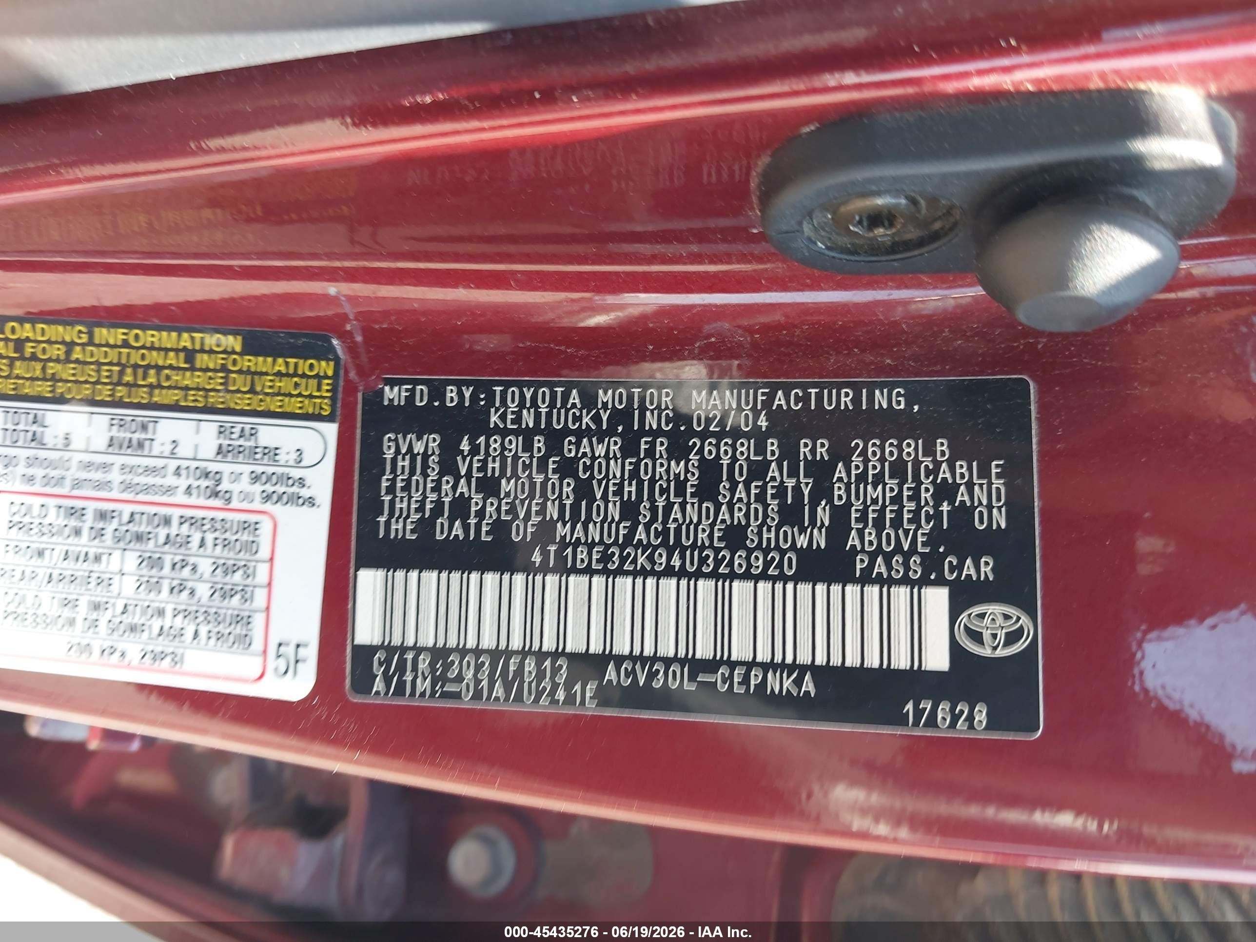 2004 Toyota Camry Le Red vin: 4T1BE32K94U326920