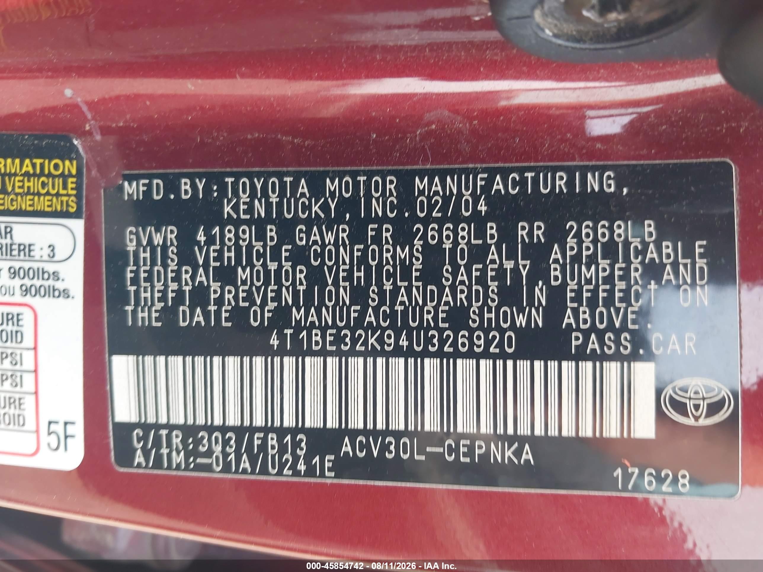 2004 Toyota Camry Le Red vin: 4T1BE32K94U326920