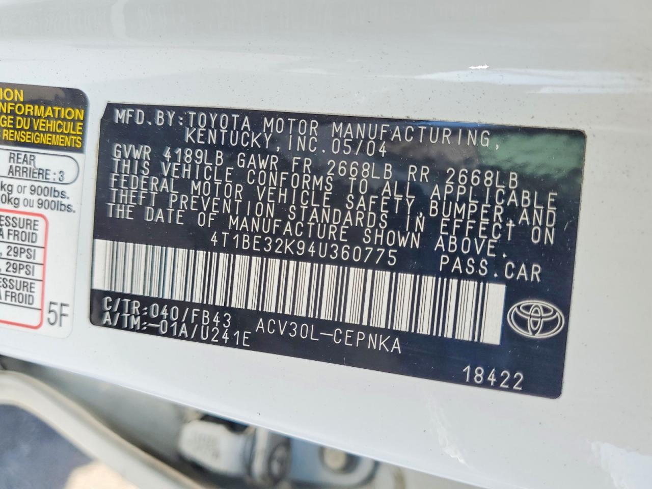 2004 Toyota Camry Le White vin: 4T1BE32K94U360775