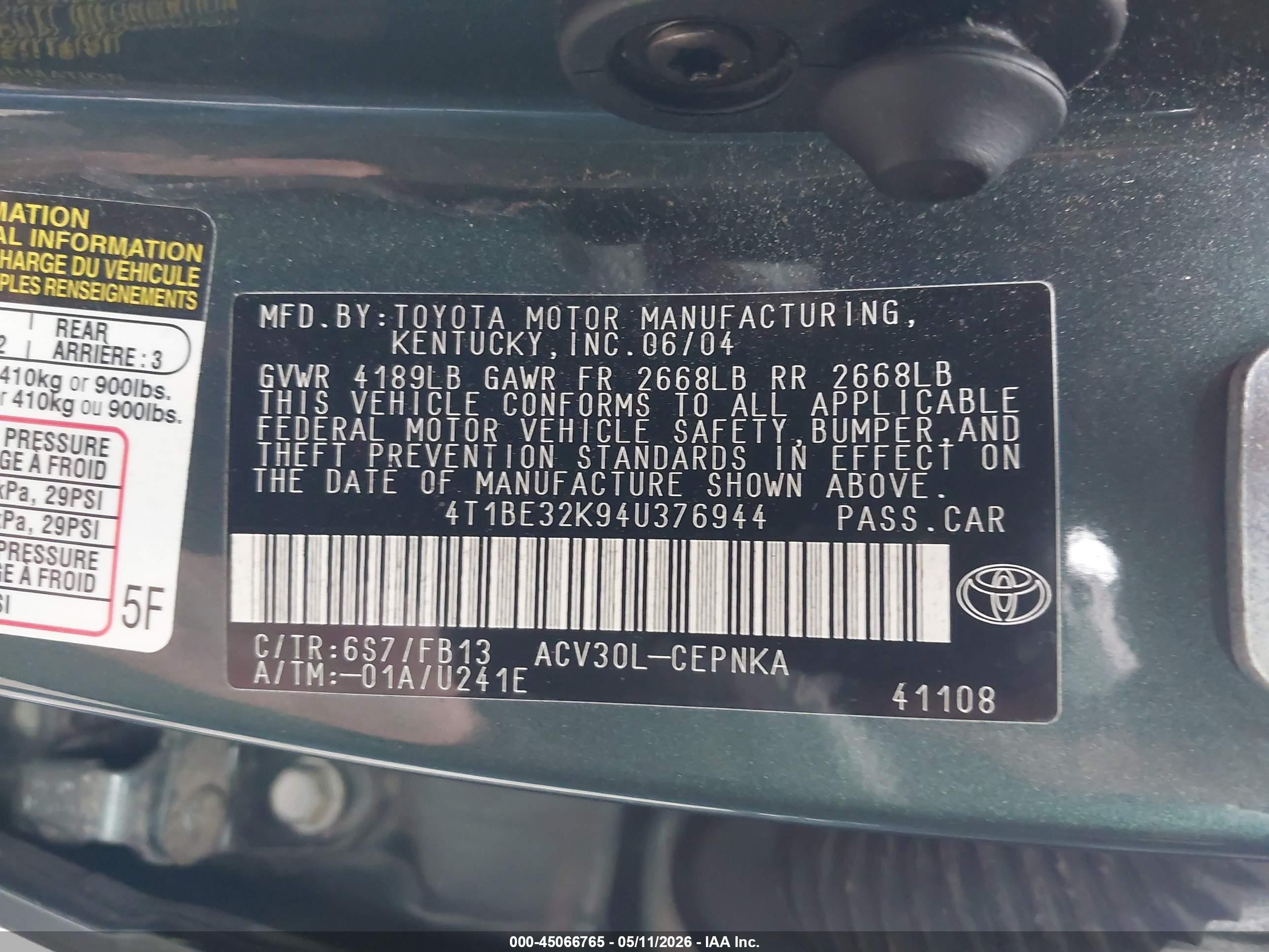 2004 Toyota Camry Le Green vin: 4T1BE32K94U376944