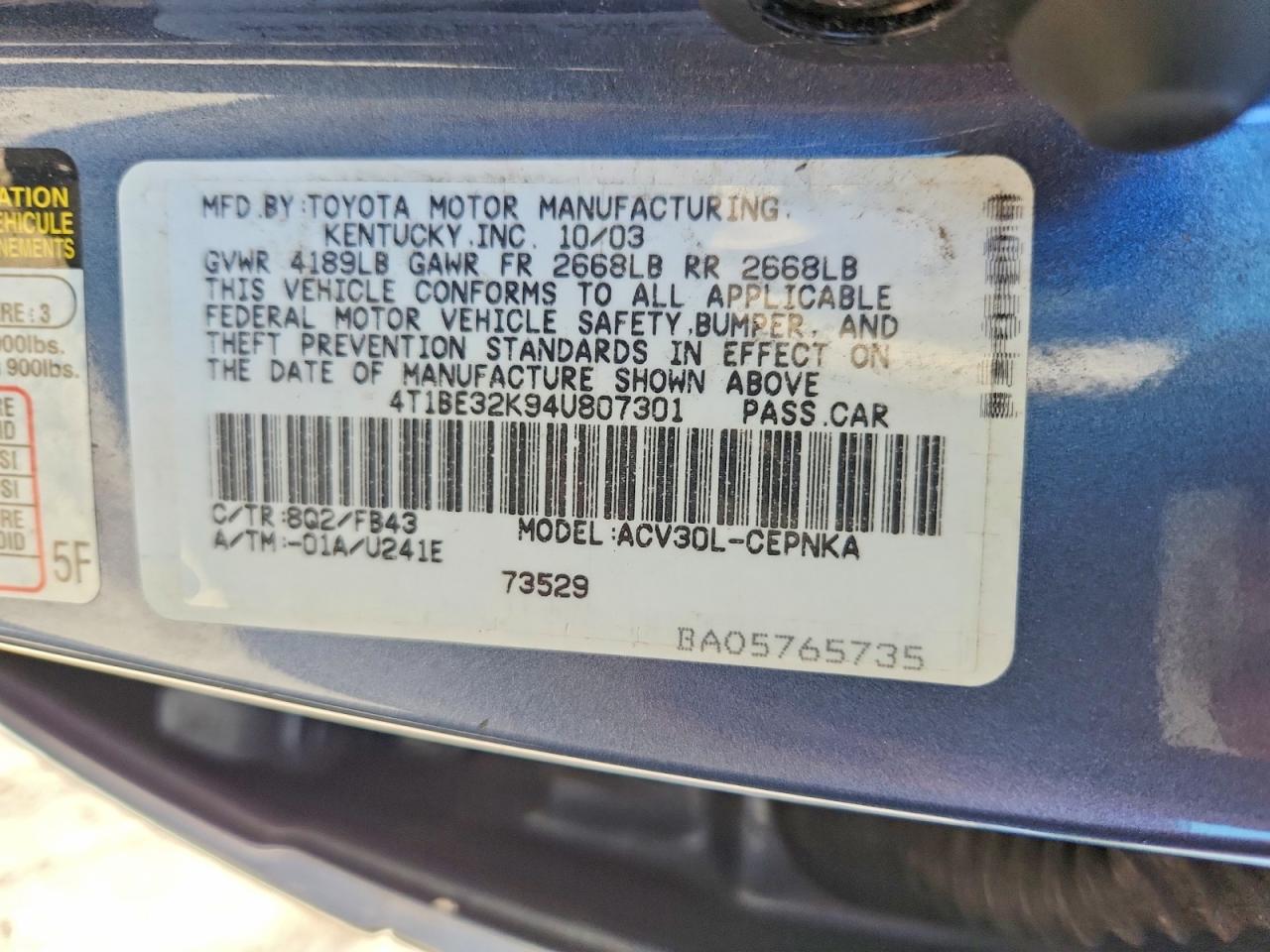 2004 Toyota Camry Le Blue vin: 4T1BE32K94U807301