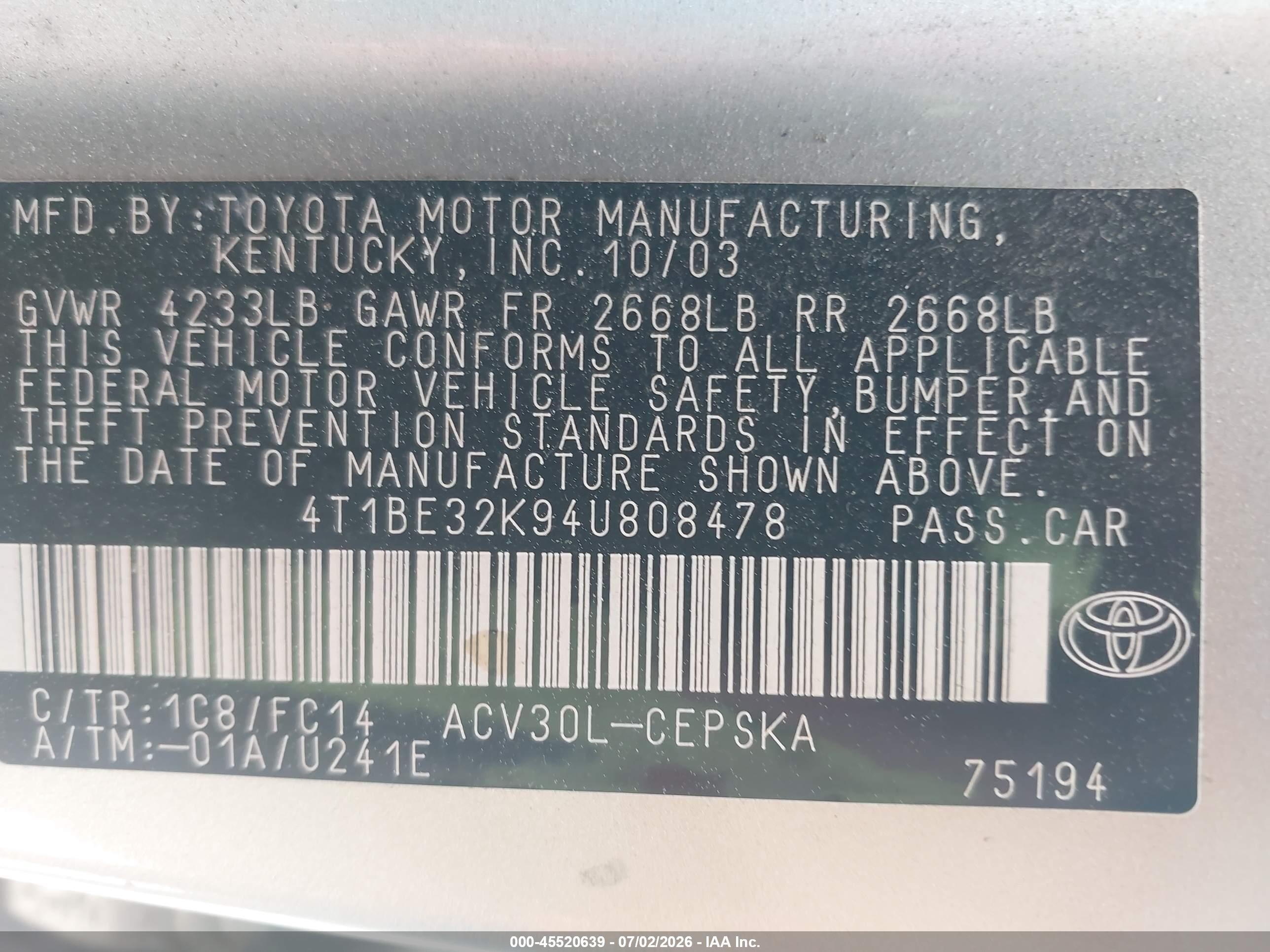 2004 Toyota Camry Se Silver vin: 4T1BE32K94U808478