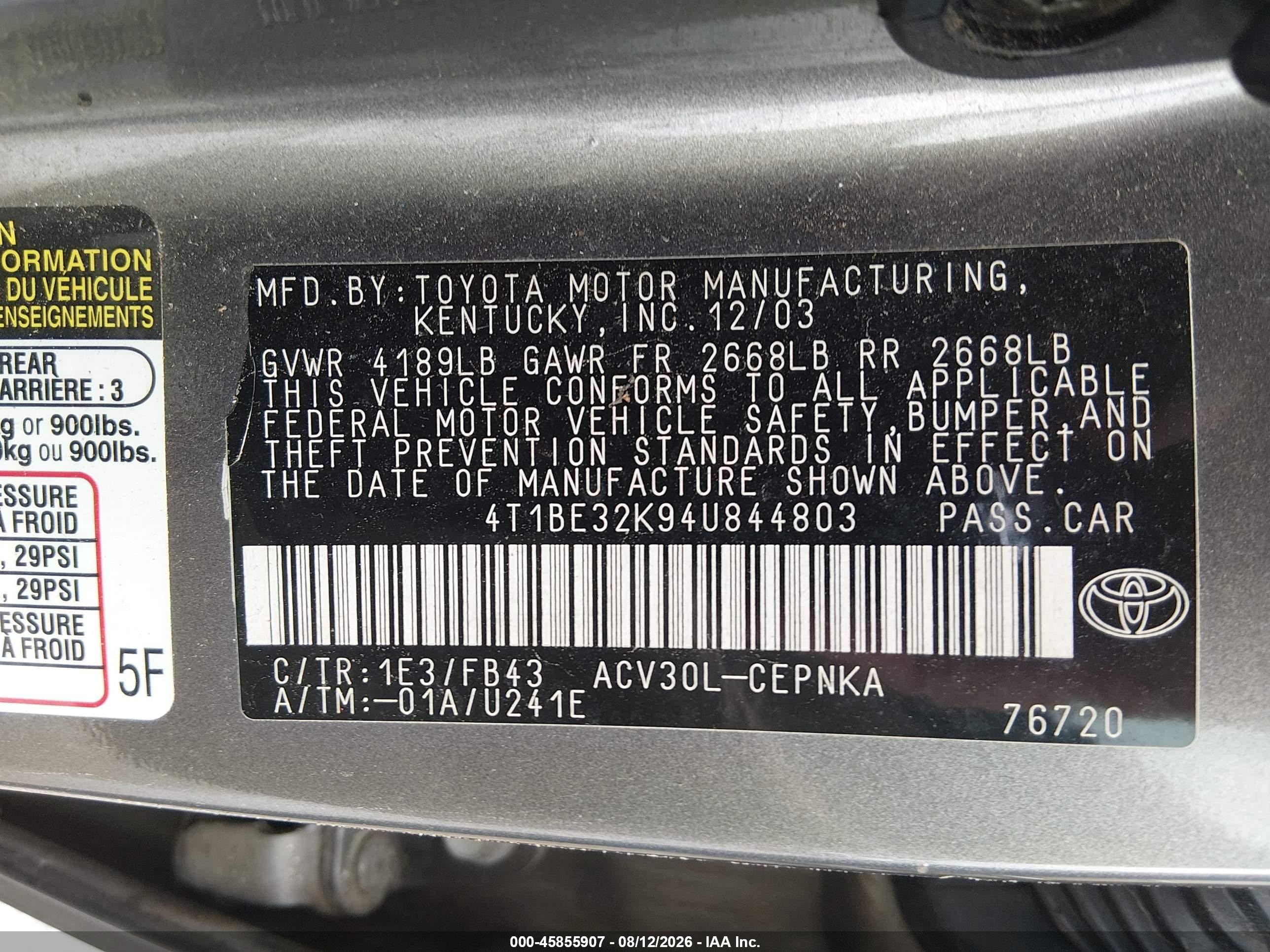 2004 Toyota Camry Le Gray vin: 4T1BE32K94U844803