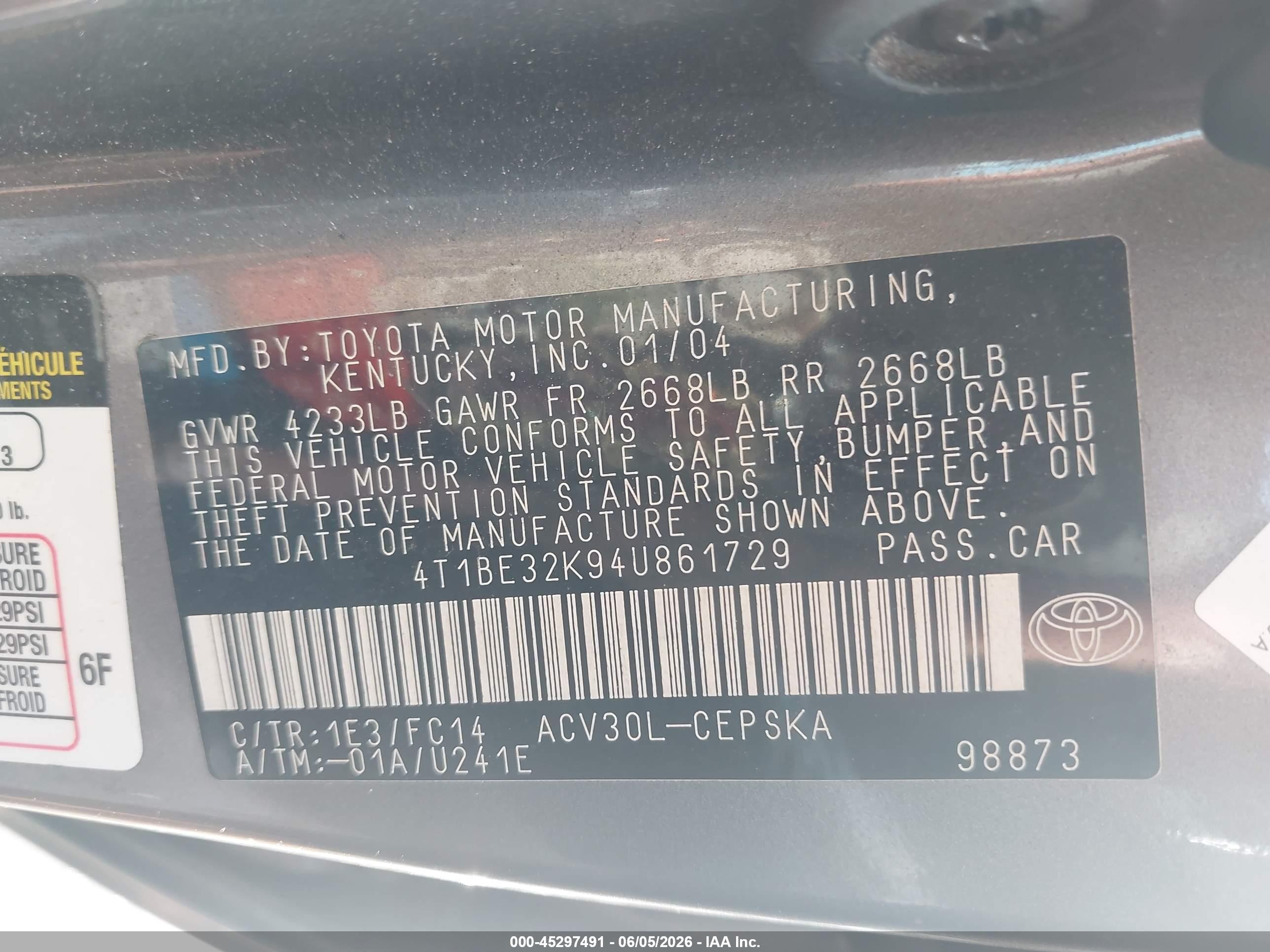 2004 Toyota Camry Se Gray vin: 4T1BE32K94U861729