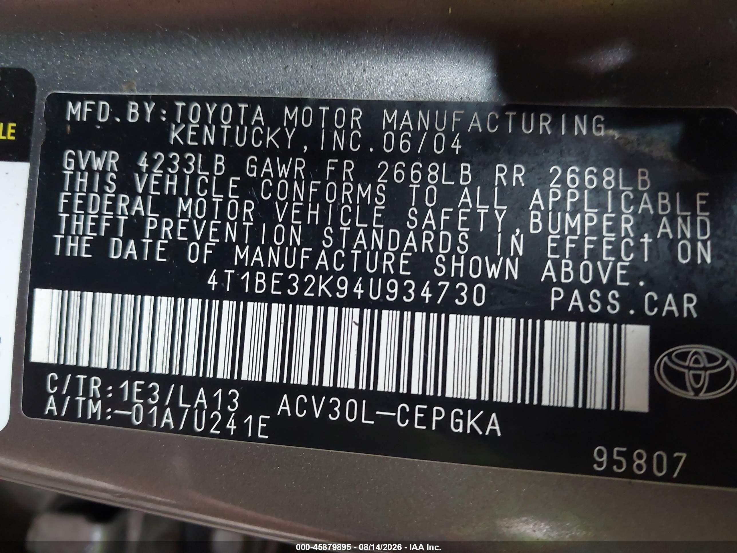 2004 Toyota Camry Xle Pewter vin: 4T1BE32K94U934730