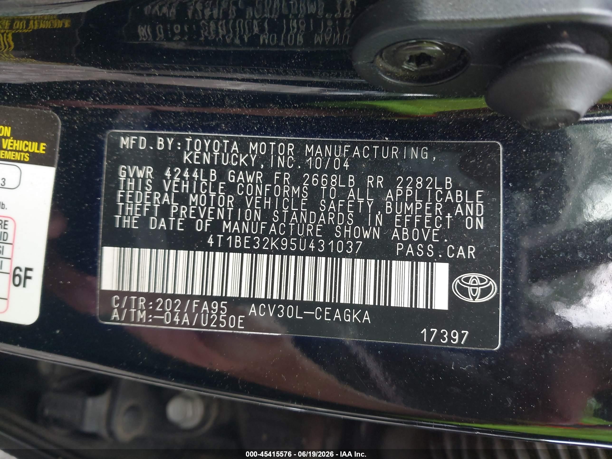 2005 Toyota Camry Xle Black vin: 4T1BE32K95U431037