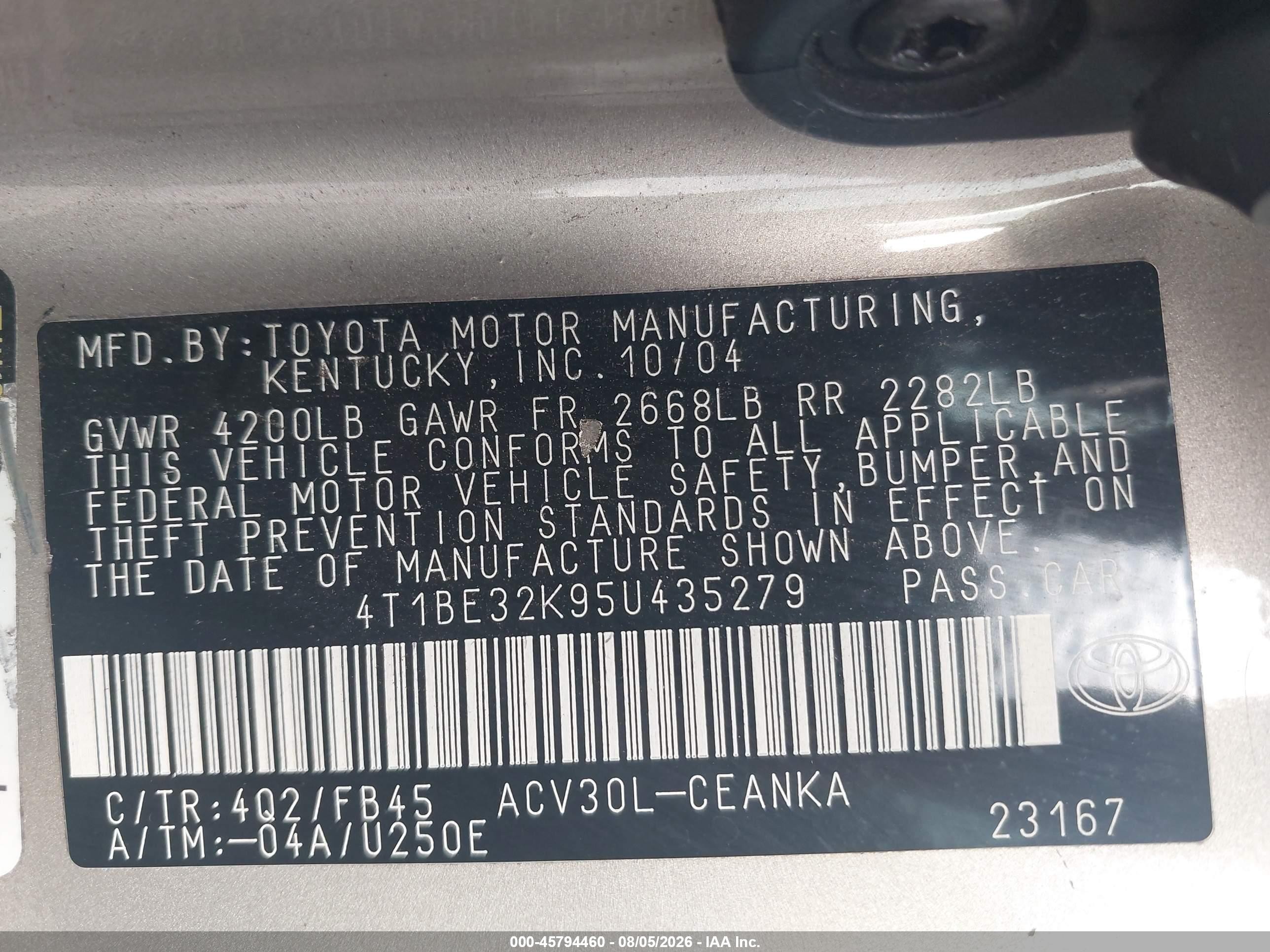 2005 Toyota Camry Std Gold vin: 4T1BE32K95U435279