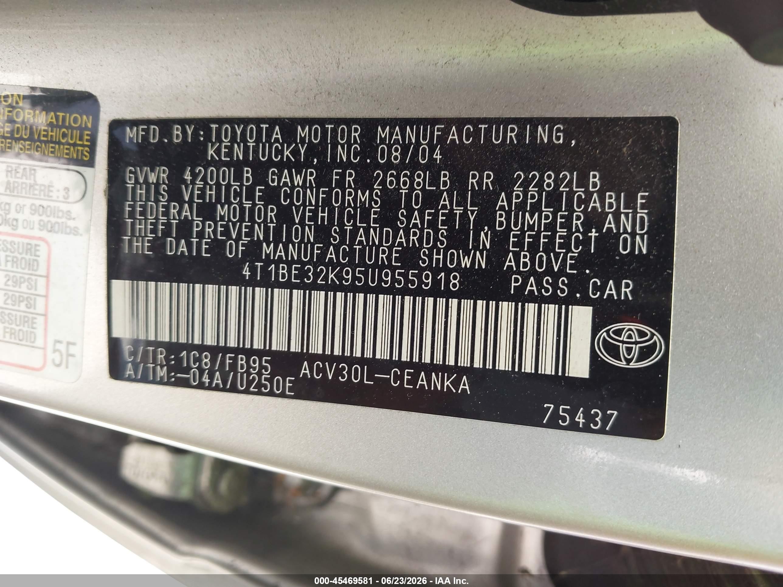 2005 Toyota Camry Le Gray vin: 4T1BE32K95U955918