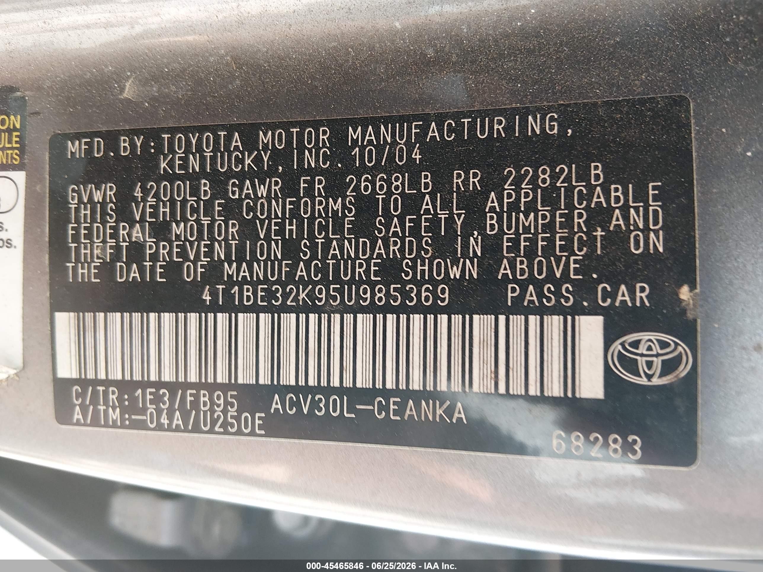 2005 Toyota Camry Le Gray vin: 4T1BE32K95U985369