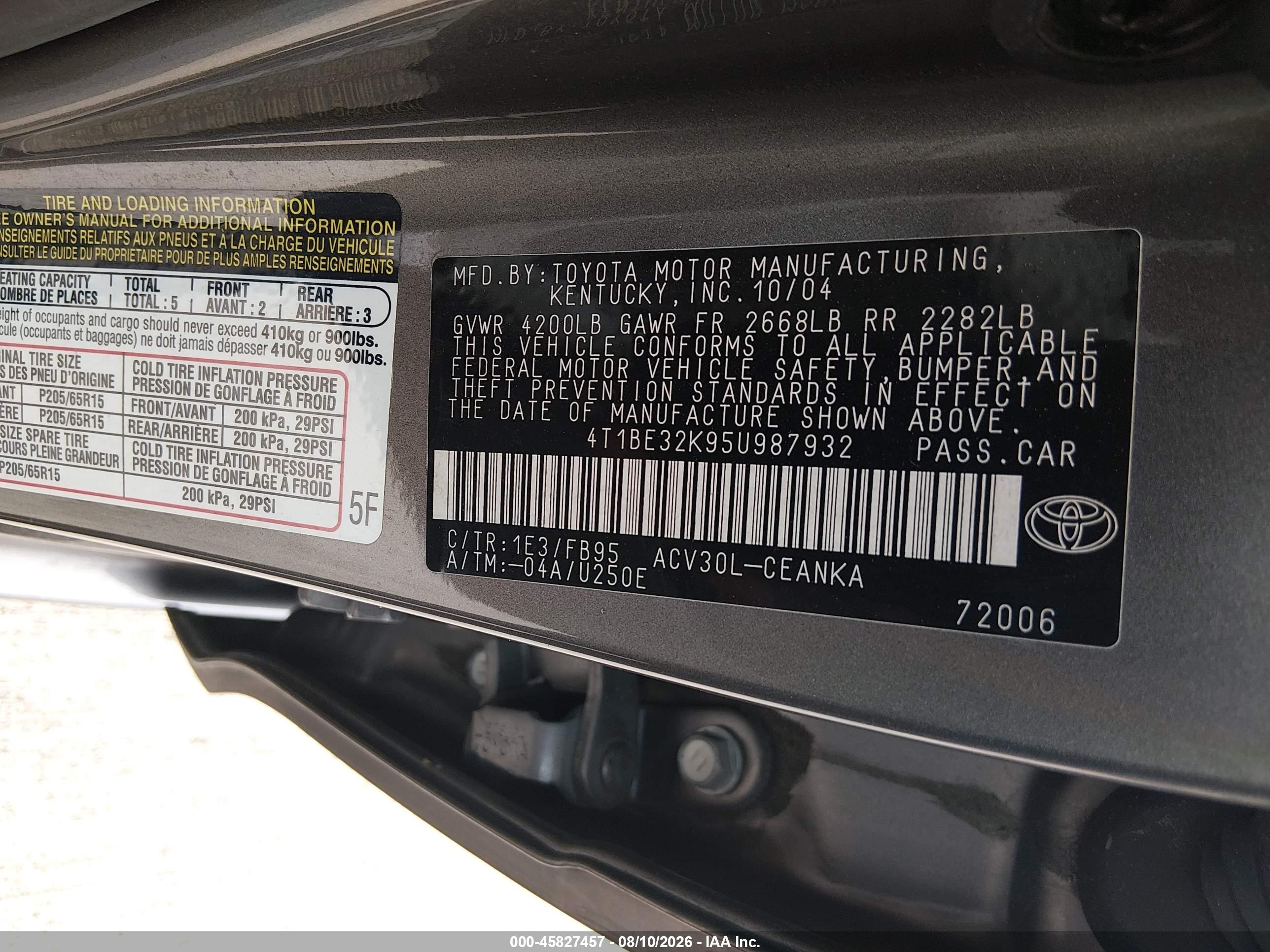 2005 Toyota Camry Le Gray vin: 4T1BE32K95U987932