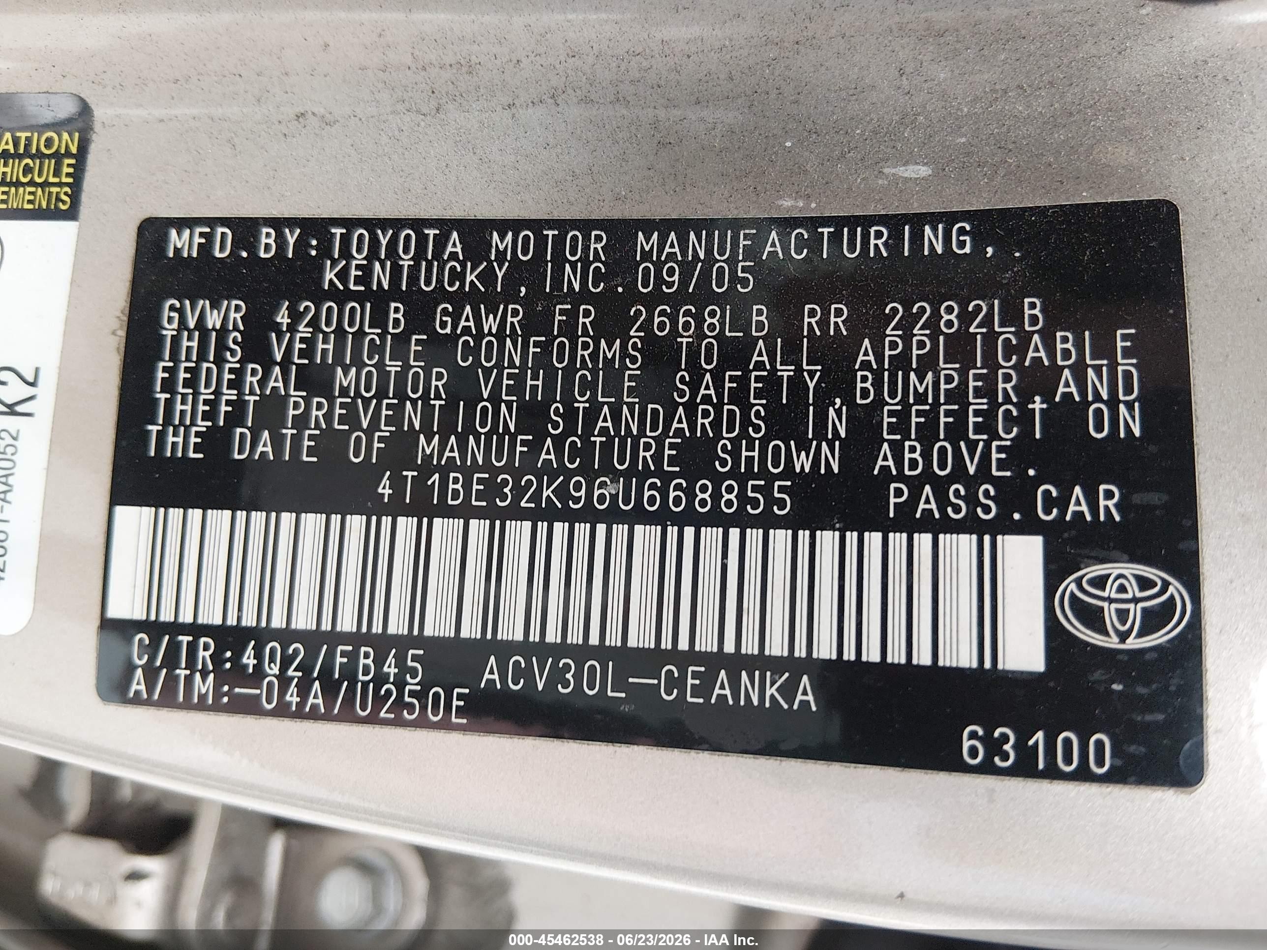 2006 Toyota Camry Le Gold vin: 4T1BE32K96U668855