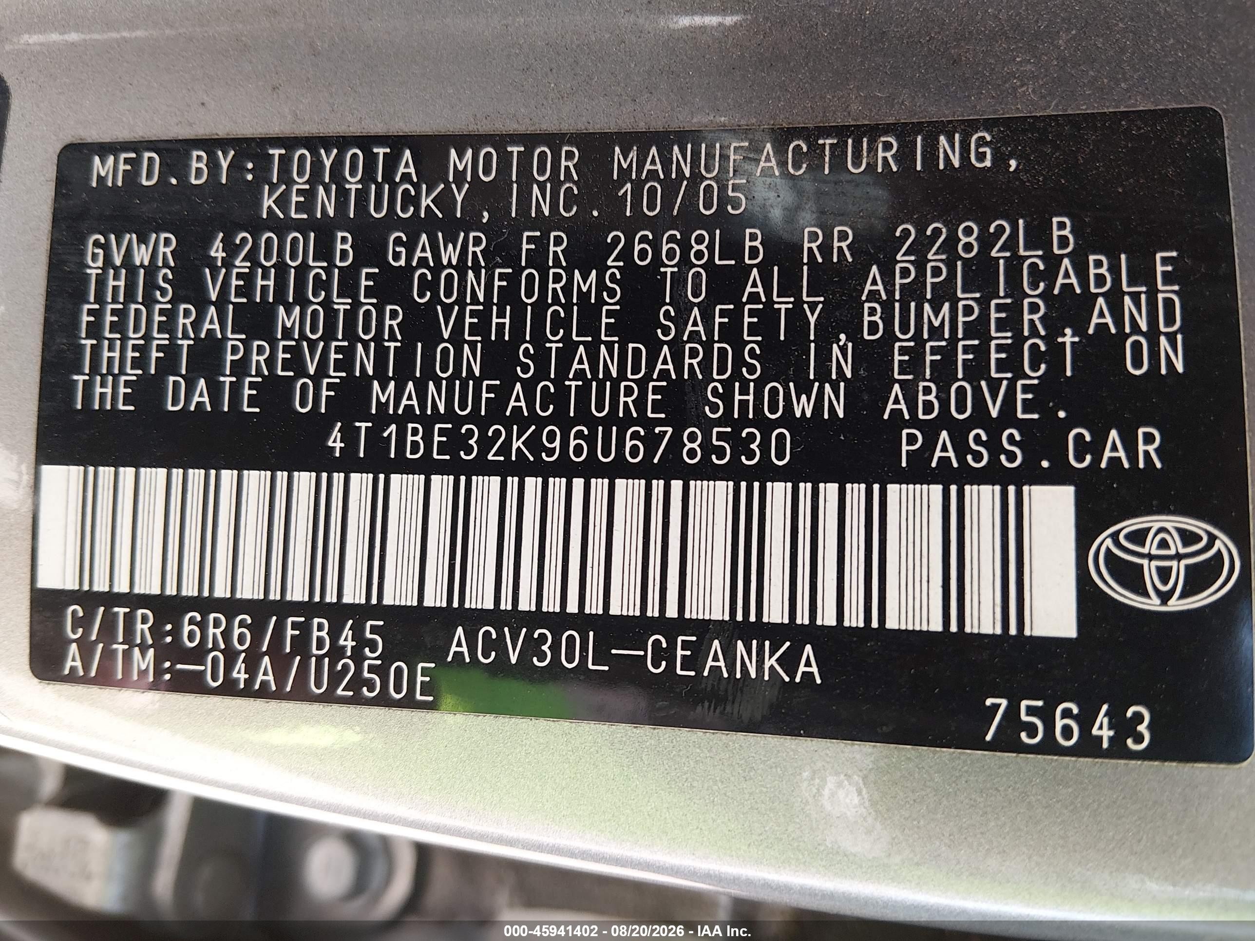 2006 Toyota Camry Le Silver vin: 4T1BE32K96U678530