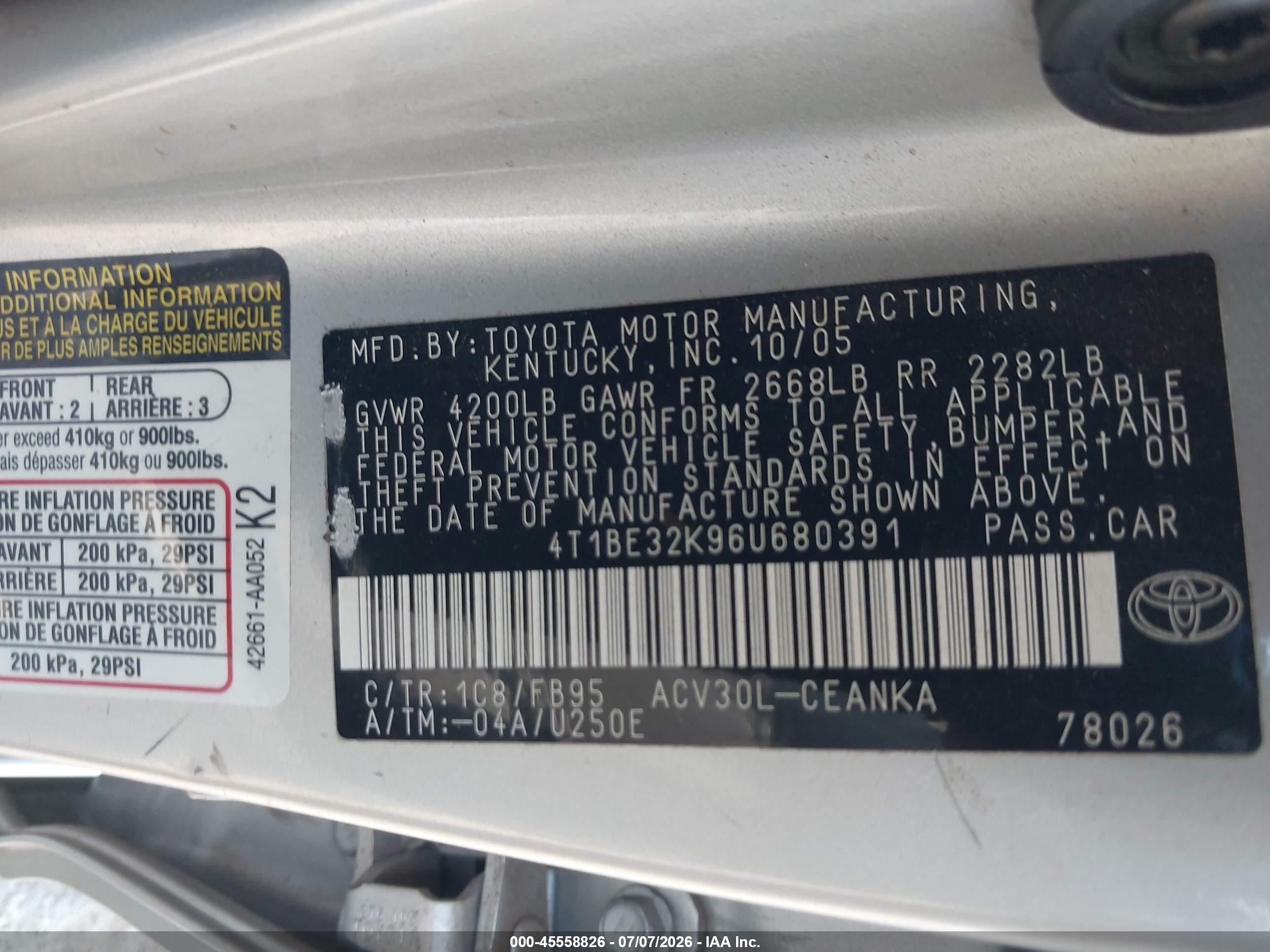 2006 Toyota Camry Le Silver vin: 4T1BE32K96U680391