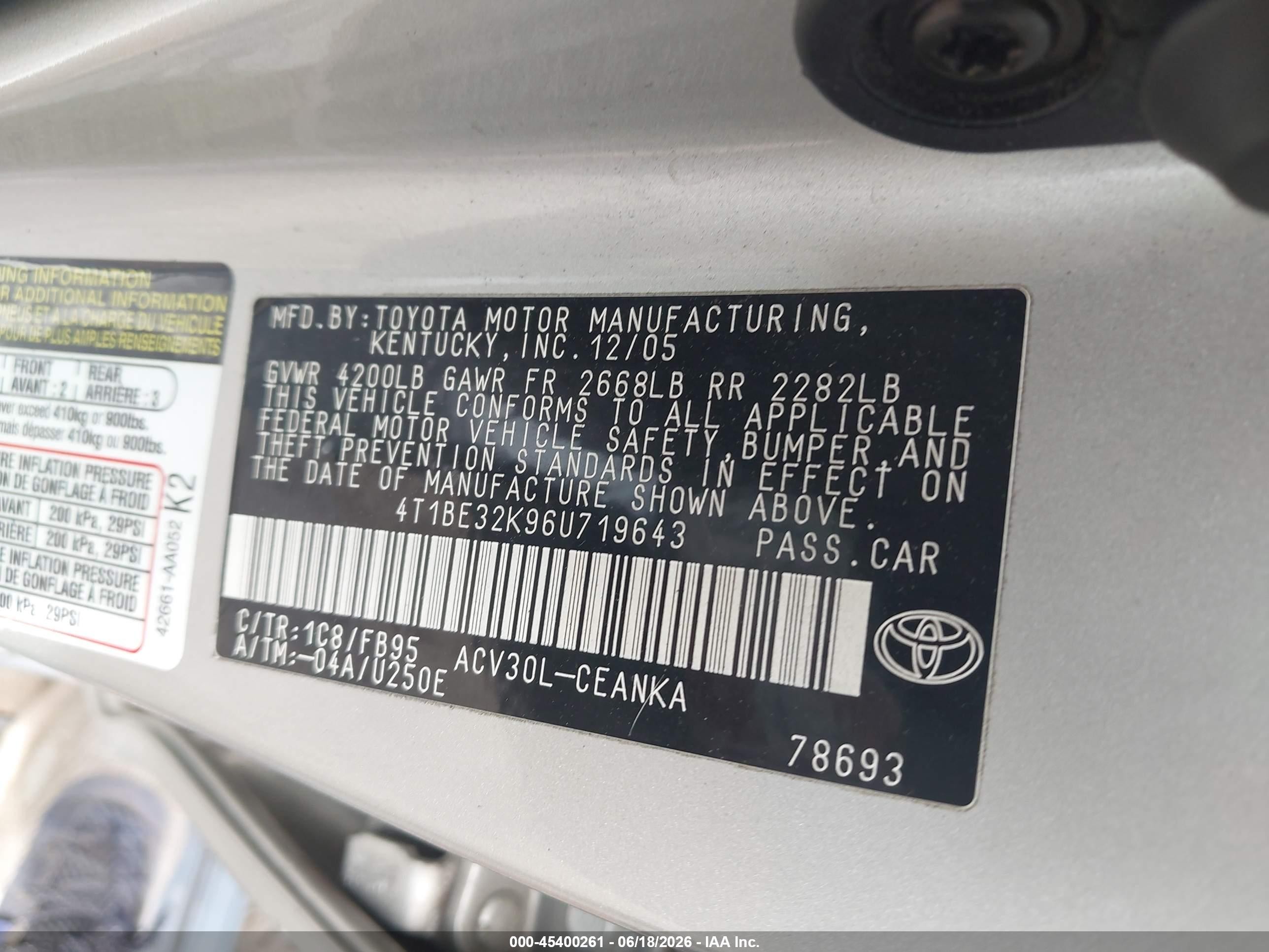 2006 Toyota Camry Le/xle/se Silver vin: 4T1BE32K96U719643