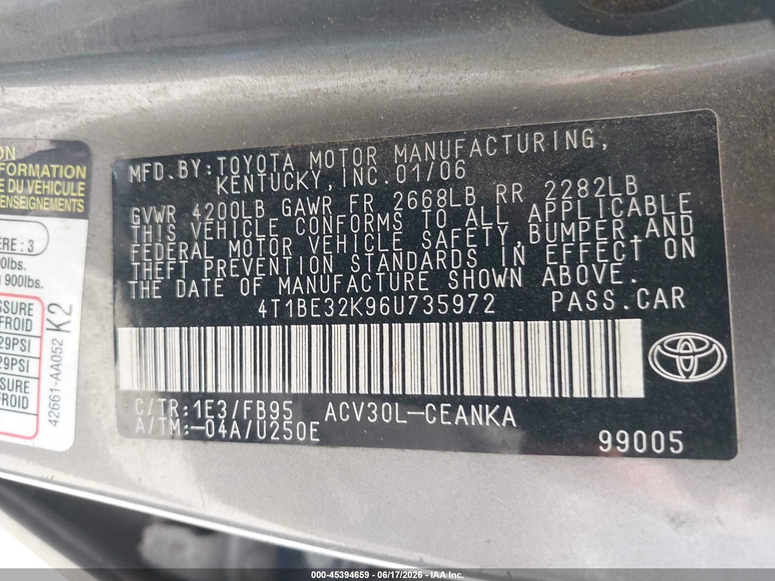 2006 Toyota Camry Le Gray vin: 4T1BE32K96U735972