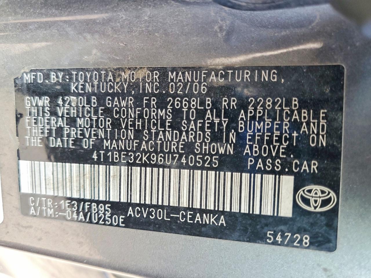 2006 Toyota Camry Серый vin: 4T1BE32K96U740525