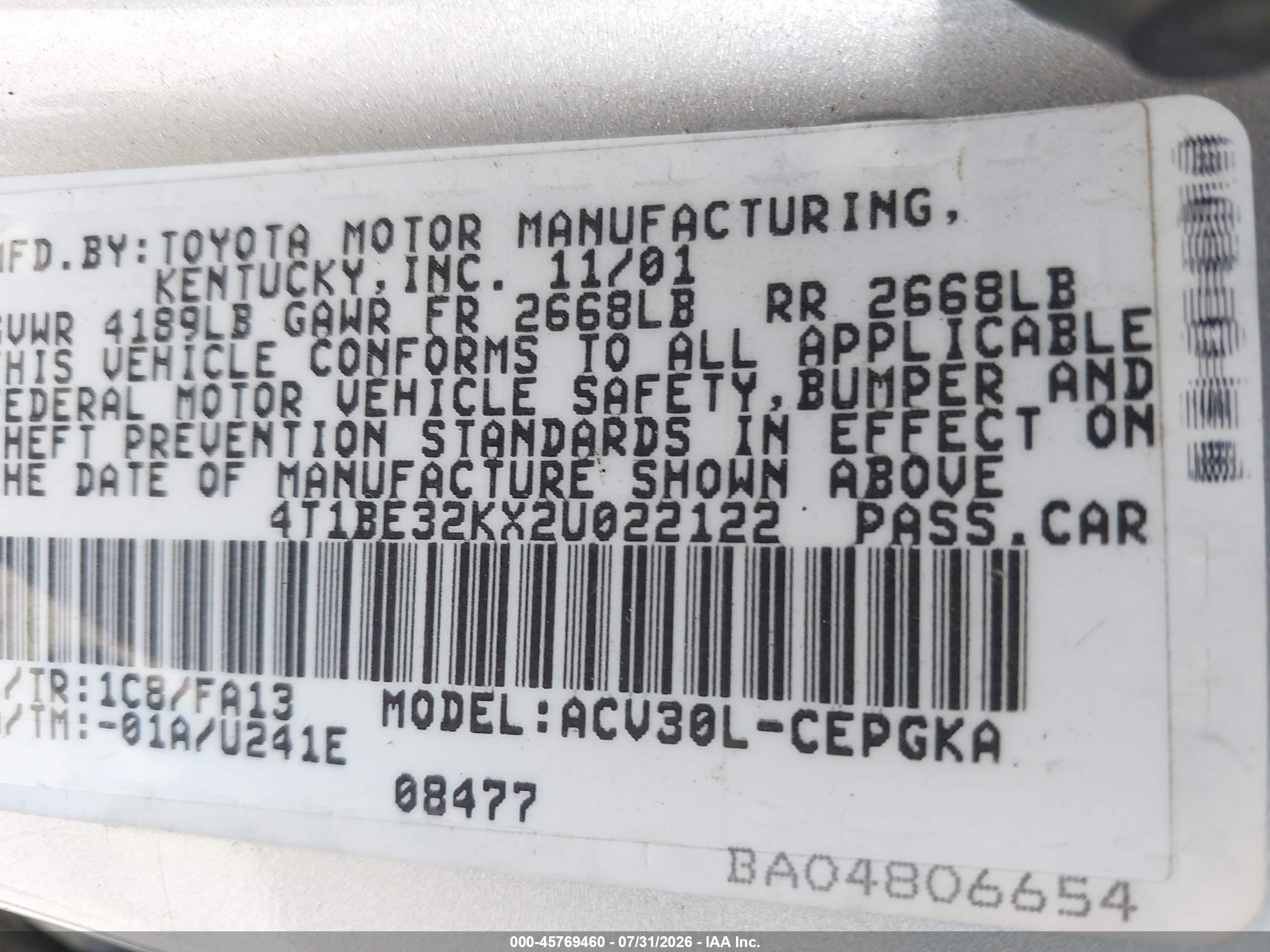 2002 Toyota Camry Xle Silver vin: 4T1BE32KX2U022122
