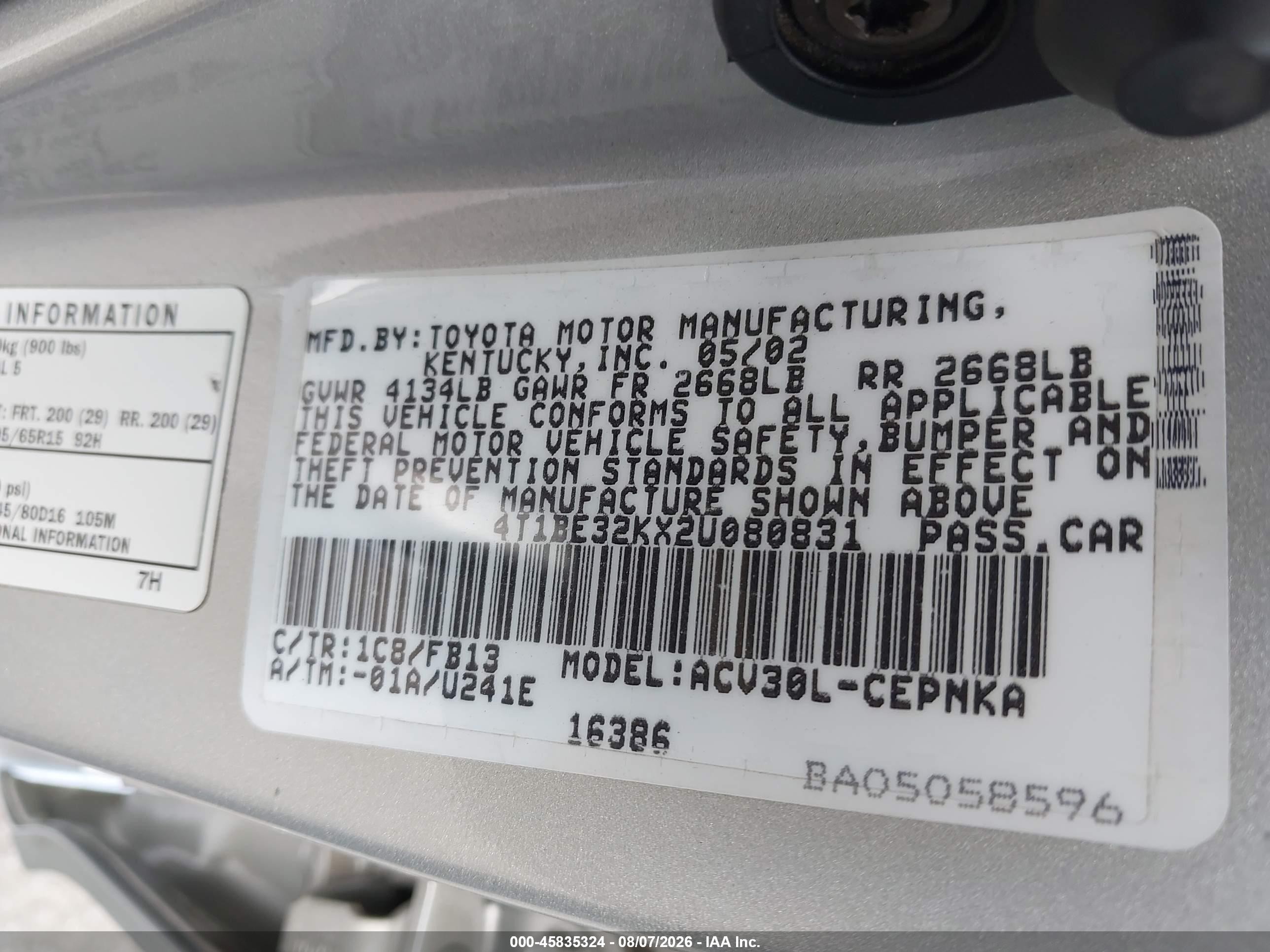 2002 Toyota Camry Le Silver vin: 4T1BE32KX2U080831