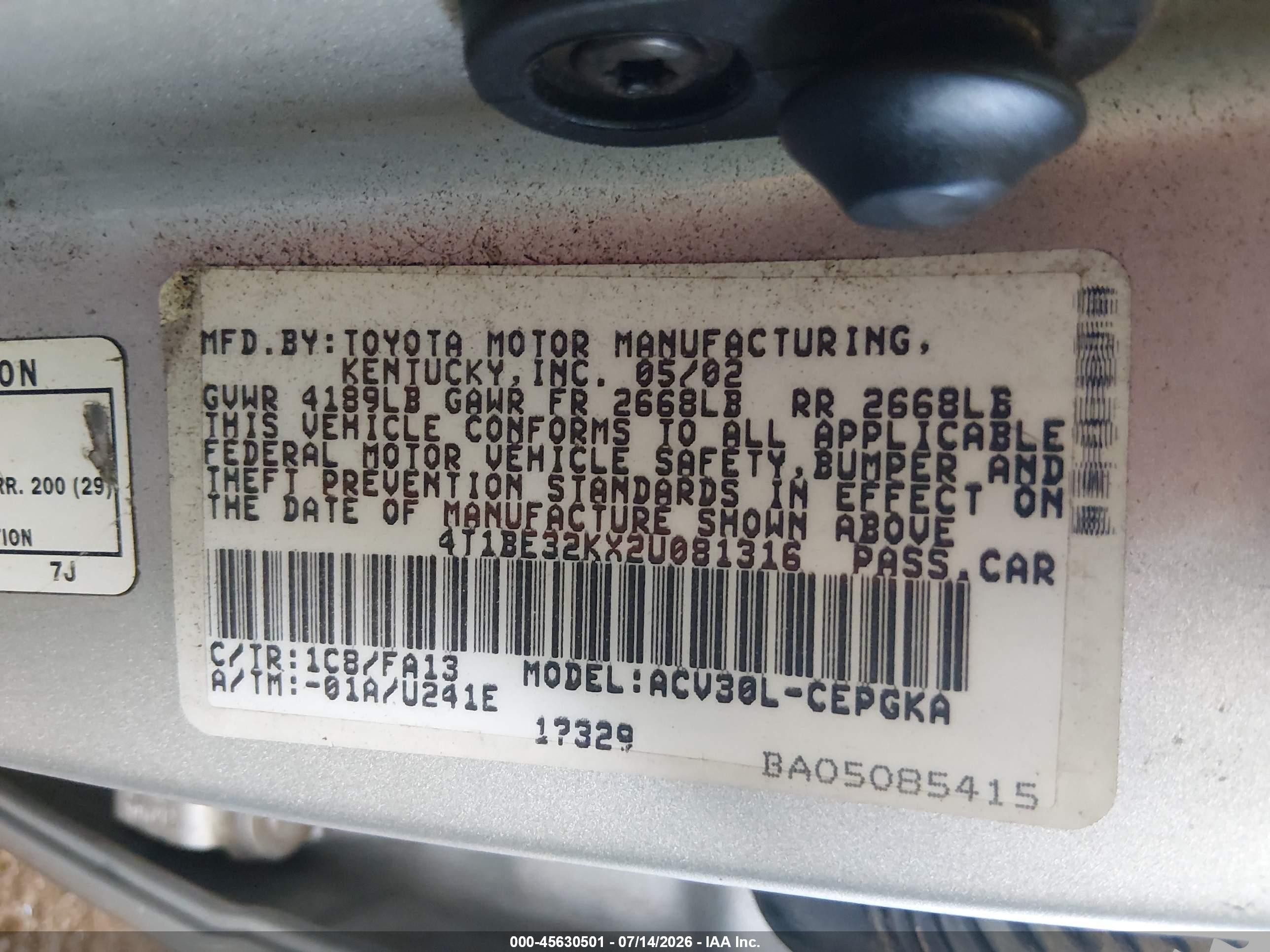 2002 Toyota Camry Xle Gray vin: 4T1BE32KX2U081316