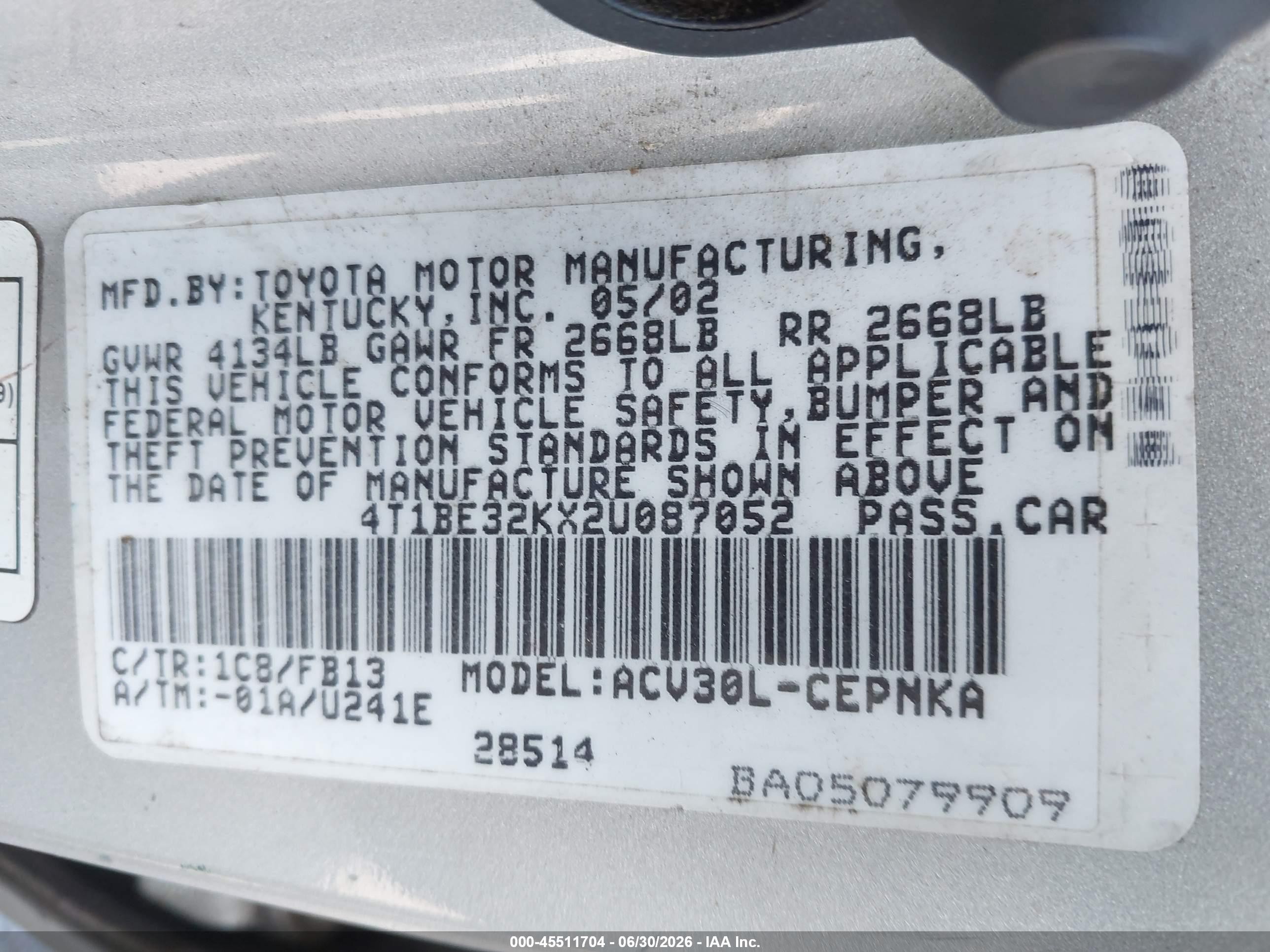 2002 Toyota Camry Le Silver vin: 4T1BE32KX2U087052
