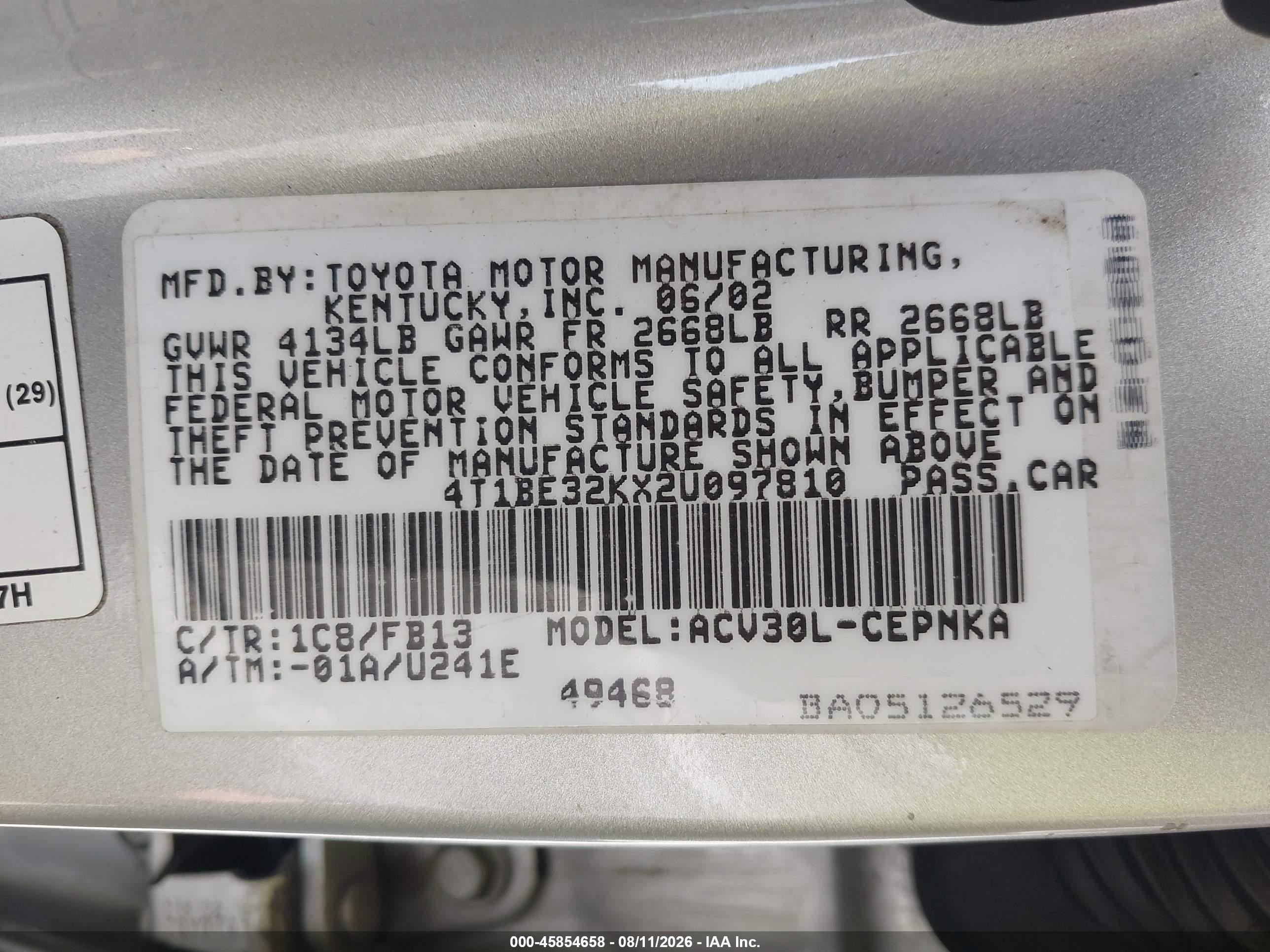 2002 Toyota Camry Le Серебряный vin: 4T1BE32KX2U097810