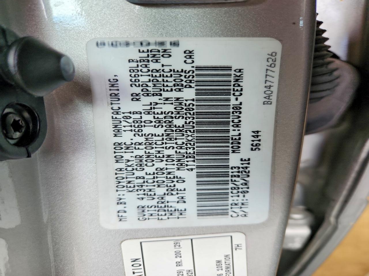 2002 Toyota Camry Le Silver vin: 4T1BE32KX2U532051