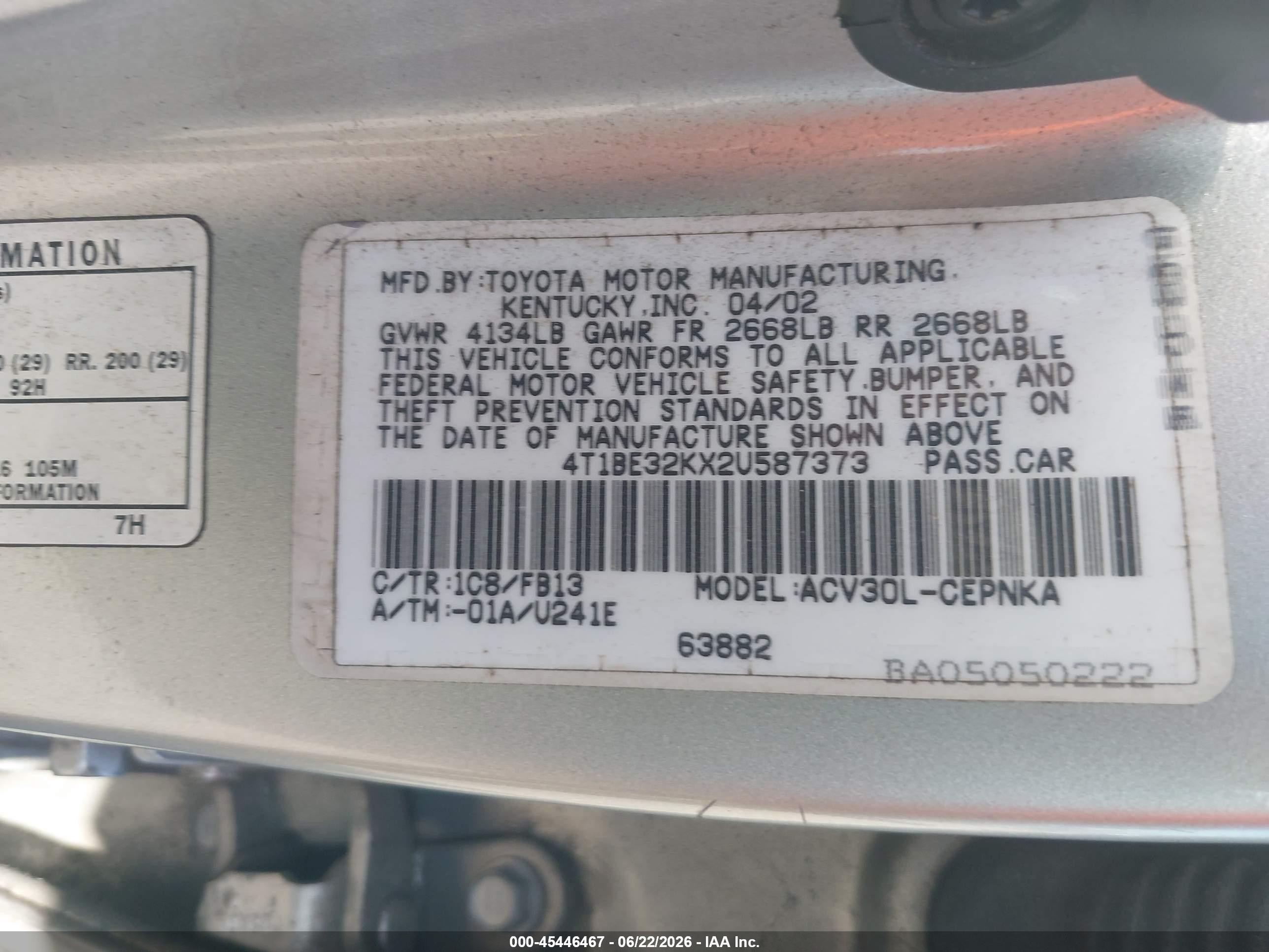 2002 Toyota Camry Le Silver vin: 4T1BE32KX2U587373